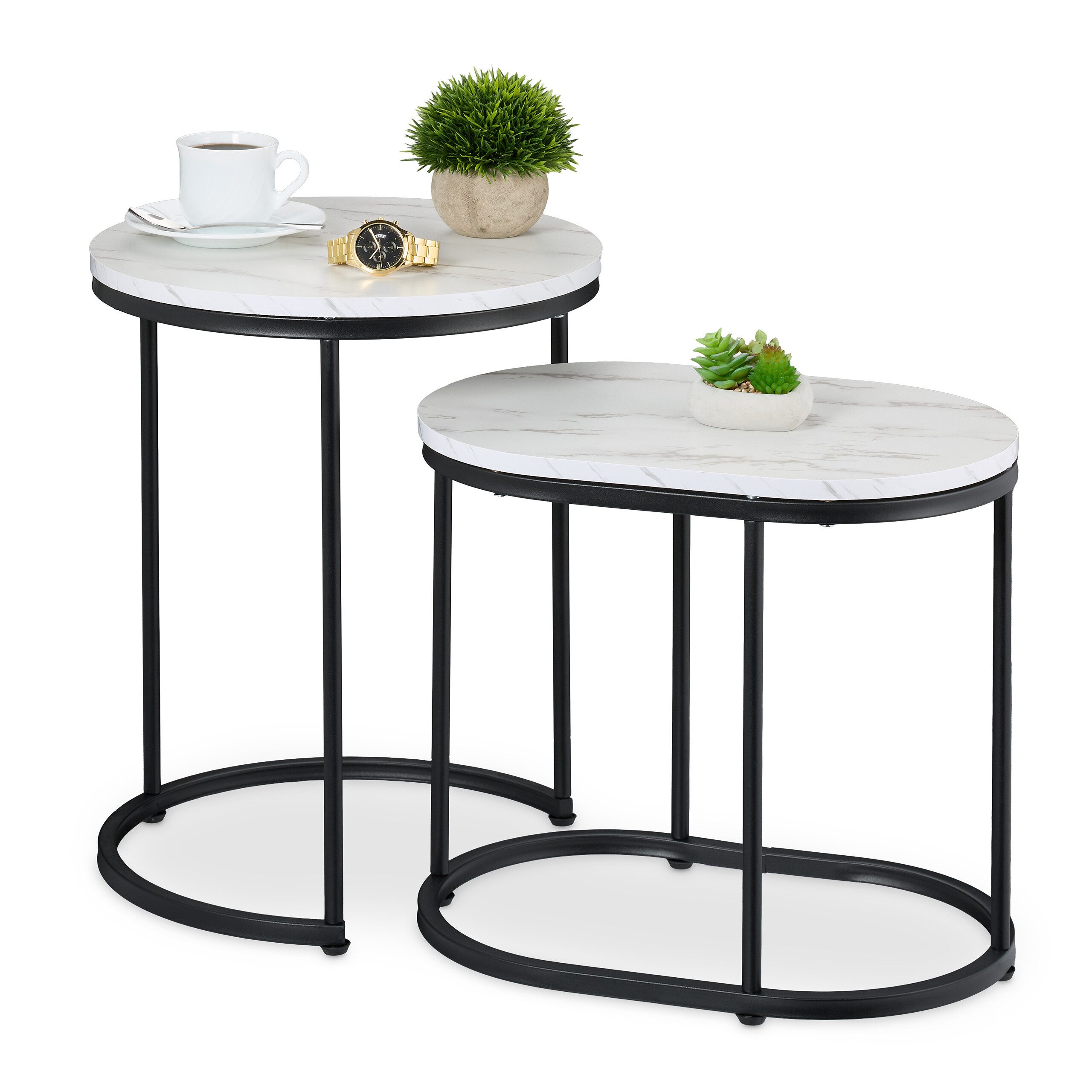 relaxdays Satztisch 2er Set Marmoroptik & Metall (2-St), Weiß-Schwarz