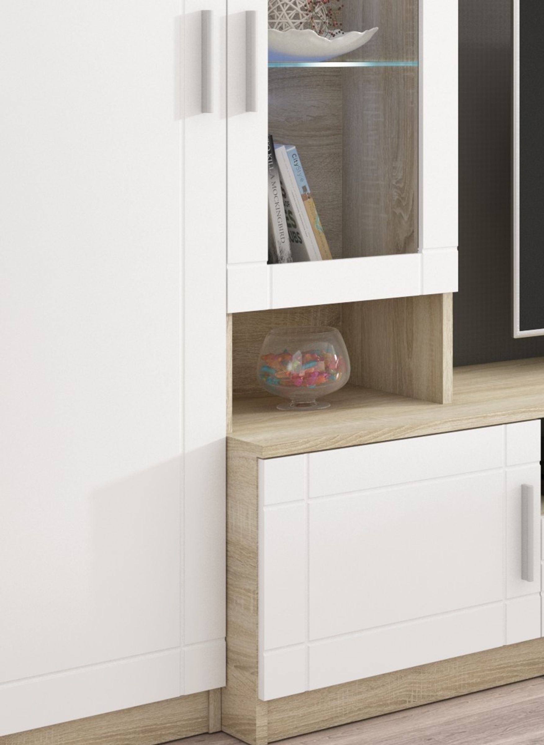 Küchen-Preisbombe Wohnwand Paris Schrankwand Anbauwand Wohnzimmer MDF Weiss + Sonoma Eiche matt, (4-St)