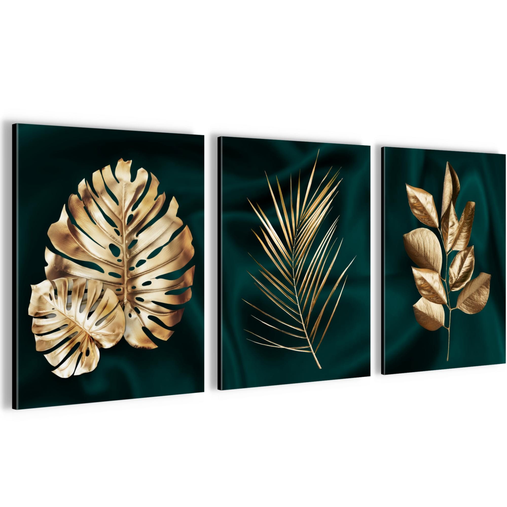 Novart Wandbild Goldene Blätter AUFHÄNGFERTIG Schlafzimmer Flur Deko 3 Moderne Bilder, 30 x 40 cm - 3 Bilder