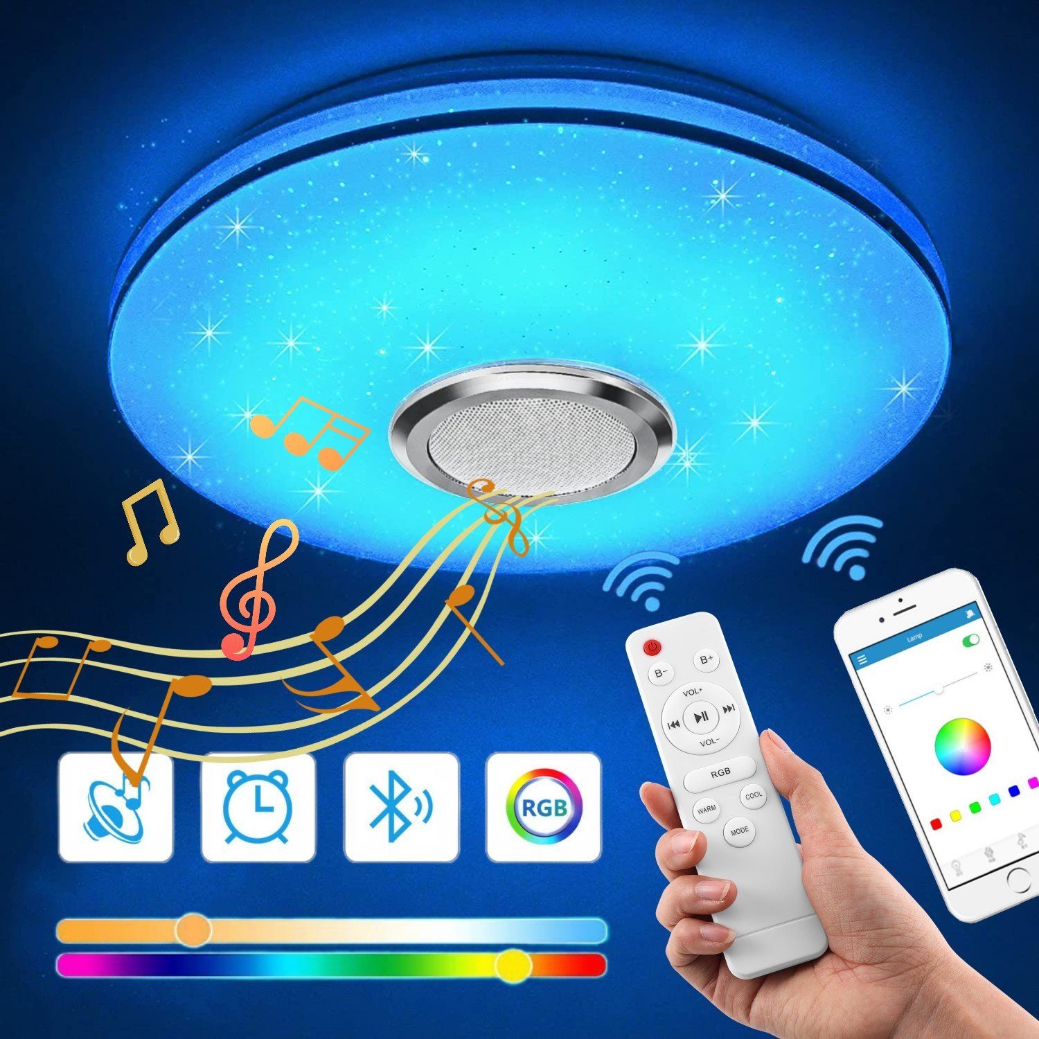 OULENBIYAR LED Deckenleuchte 36W LED Deckenleuchte RGB Dimmbar mit Bluetooth Lautsprecher, LED fest integriert, RGB, Dimmbar, mit Fernbedienung oder APP-Steuerung, für Schlafzimmer Küche Wohnzimmer 36W - Φ 30cm