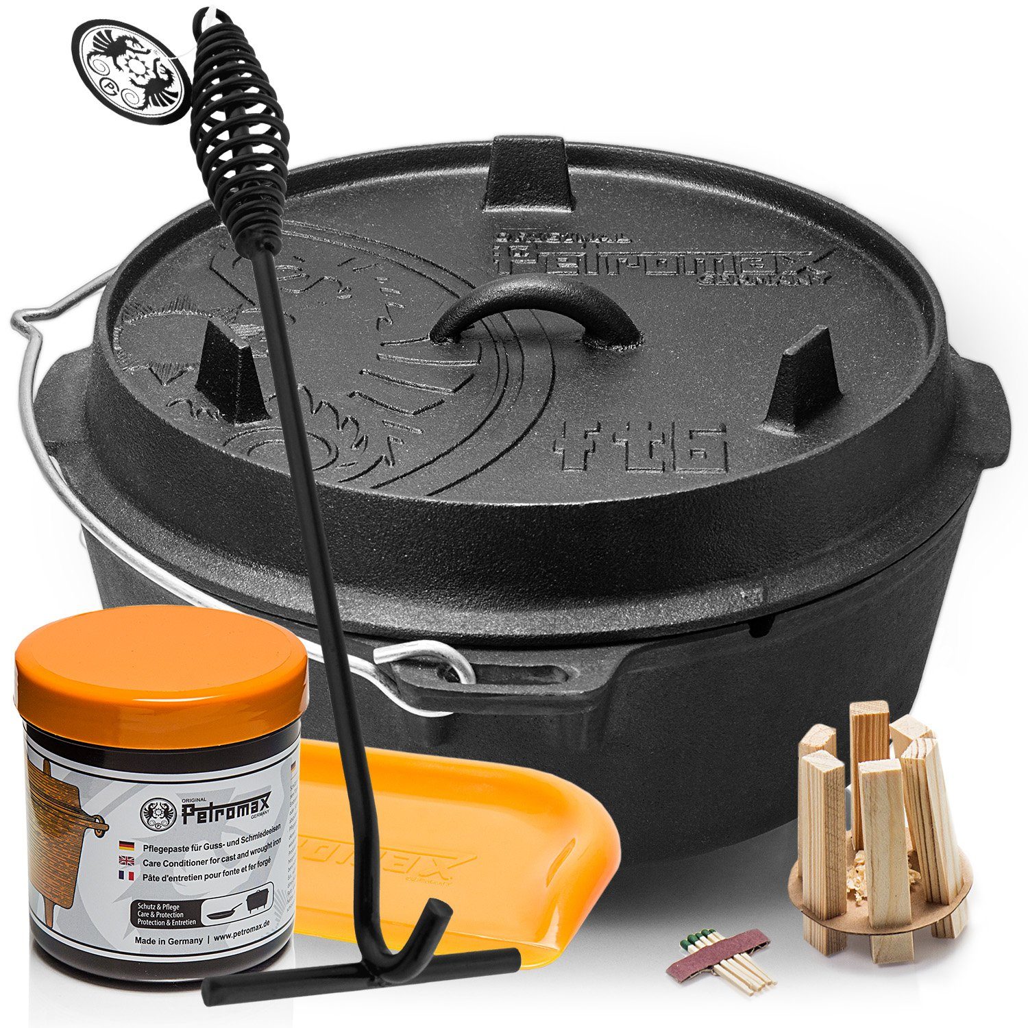 Petromax Schmortopf Feuertopf Dutch Oven ft6 mit Füssen 4-8 Personen 5,5l, Gusseisen (Spar-Set, 6-tlg., Topf+Deckel+Deckelheber+Paste+Schaber+Feuer-Kit), Deckel mit Henkel, als Pfanne nutzbar, Topf induktionsfähig