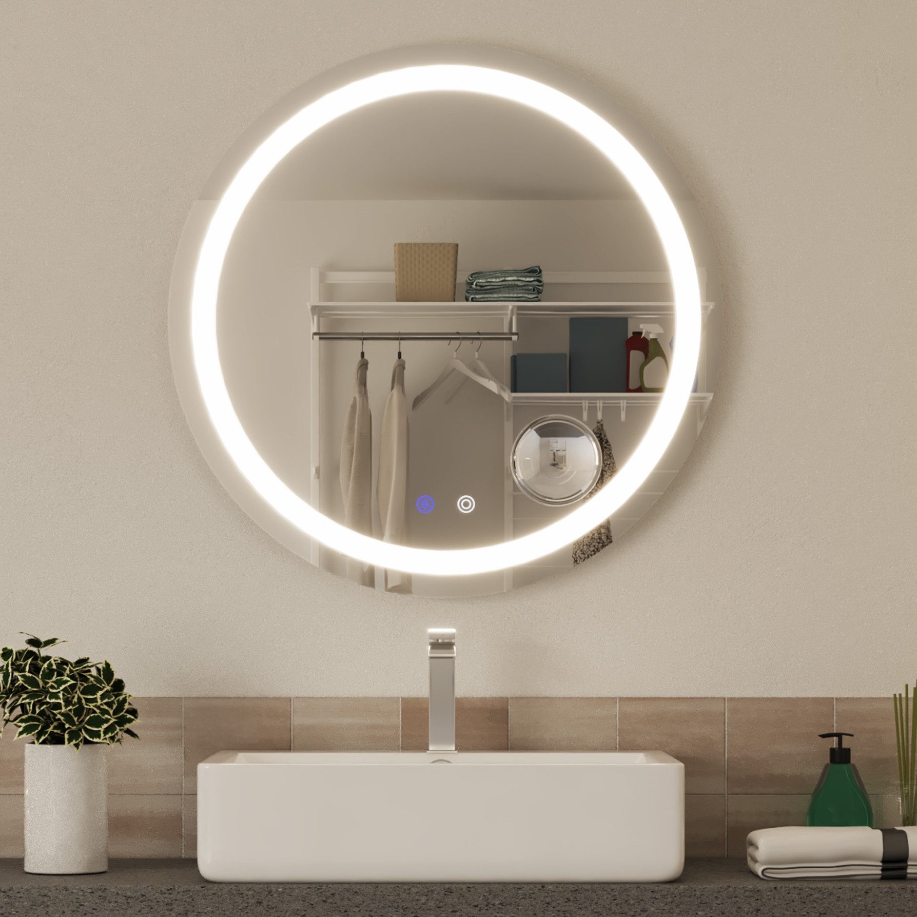 Meerveil Badspiegel Badezimmerspiege (IP44), ⌀ 60cm mit Touch-Schalter und Beschlagfrei, 5Fach-Lupe Abnehmbar