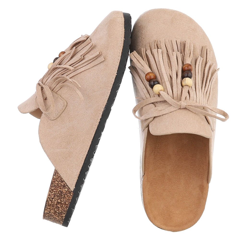 Ital-Design Damen Clog mit Fransen und Perlen, Schlupfschuh Pantolette (91742384) Flach Pantoletten in Beige