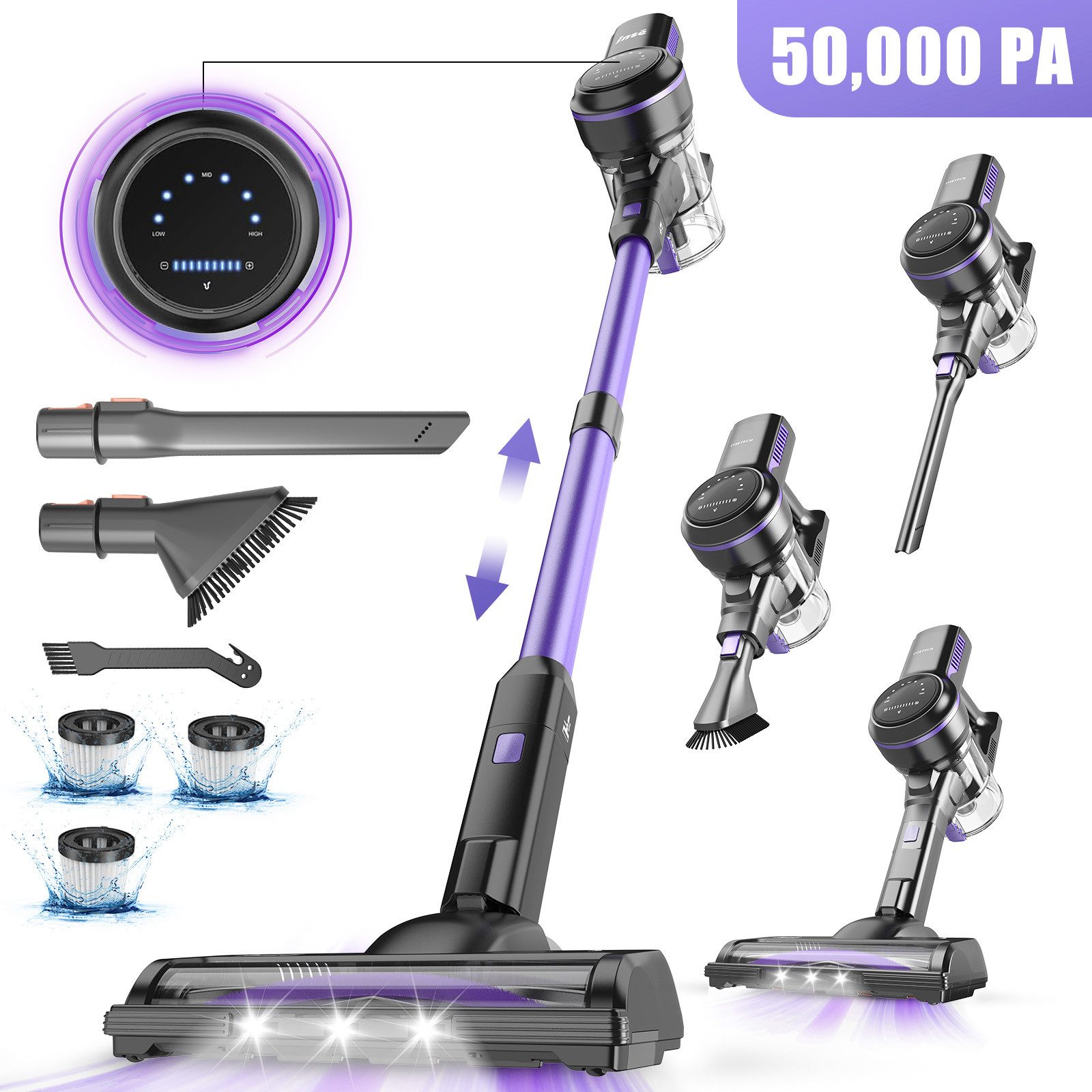 INSE Akku-Hand-und Stielstaubsauger Akku Staubsauger 50000Pa/1.2 L/60 Min, Staubsauger Kabellos, 1,2L Staubbehälter, mit LED Display,3 Saugstufen,Akkusauger, 2500mAh Für Teppich,Tierhaare
