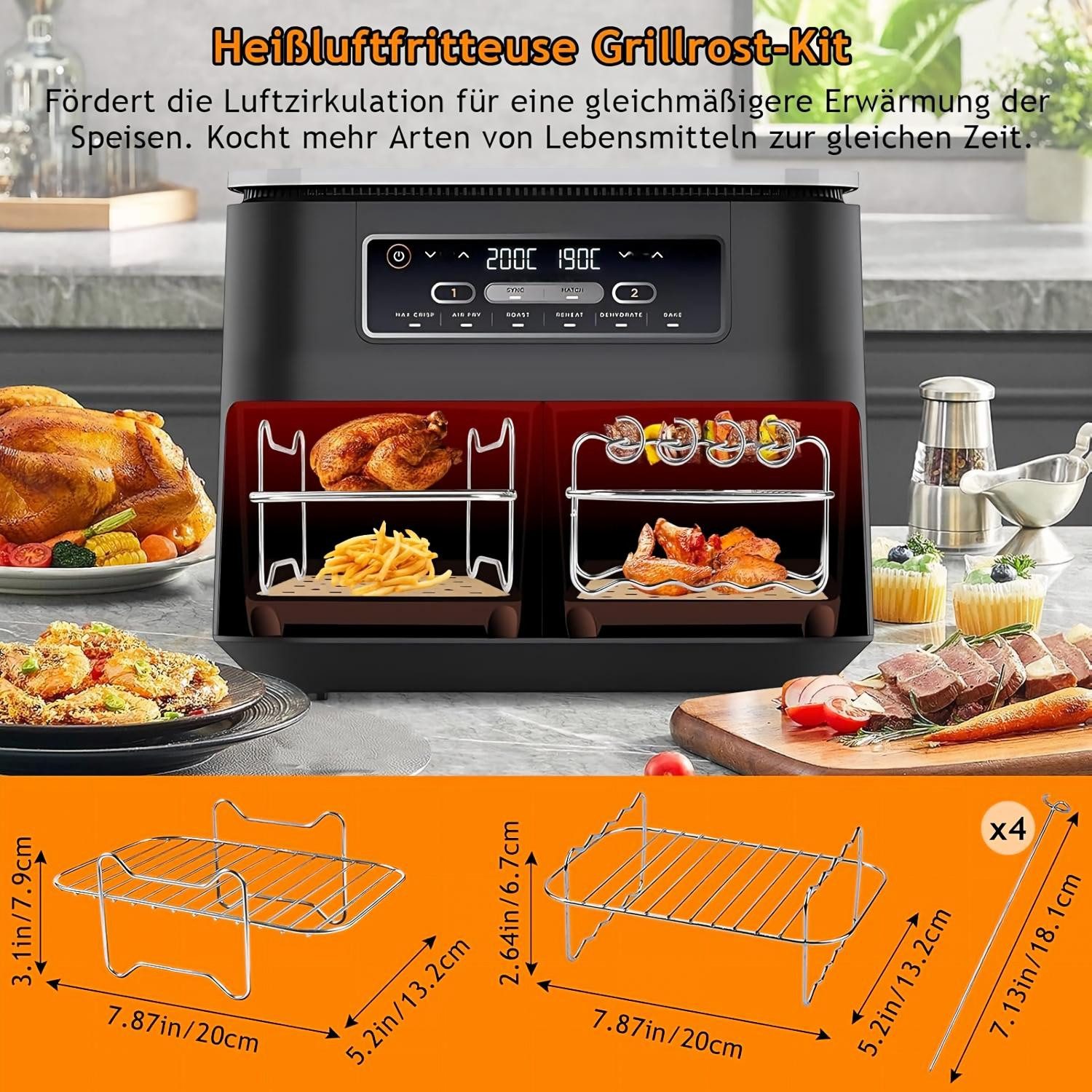 Refined Living Backform Airfryer Zubehör 9-tlg Set + 2er Öl-Sprüher Set, BPA-frei, (Heißluftfritteuse Zubehör Set,Silikonformen, Öl Sprühflasche,Ölpumpe,Essig Sprüher,Öl Flasche für Küche, 100 Blatt Fettfreies BackpapierEdelstahl Rack, Spieße, Fritteusen Set, Dual-Zone Heißluftfritteuse Zubehör, Sprühgerät für Öl aus Edelstahl und Glas, gesundes Kochen, 100ML Öl Sprühflasche, mit Rutschfeste Basis, Sprühflasche Öl,Langlebig, Vielseitigkeit 17-tlg), Für AF300EU, AF400EU und 7,6L-9,5L Zwei-Zonen-Fritteusen