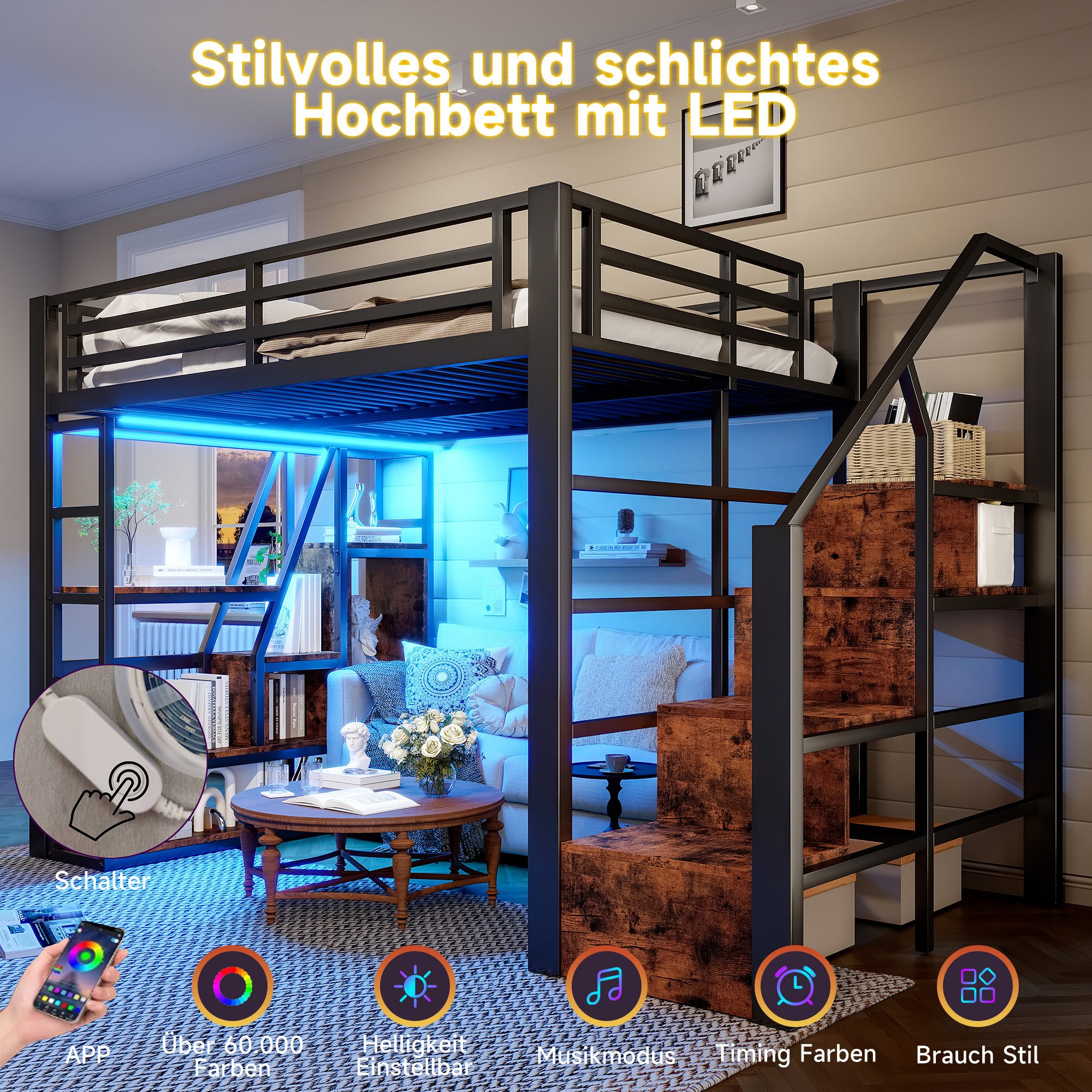 REDOM Kinderbett aus Metall mit Schutzgeländer, Leiter und integriertem Sta günstig online kaufen