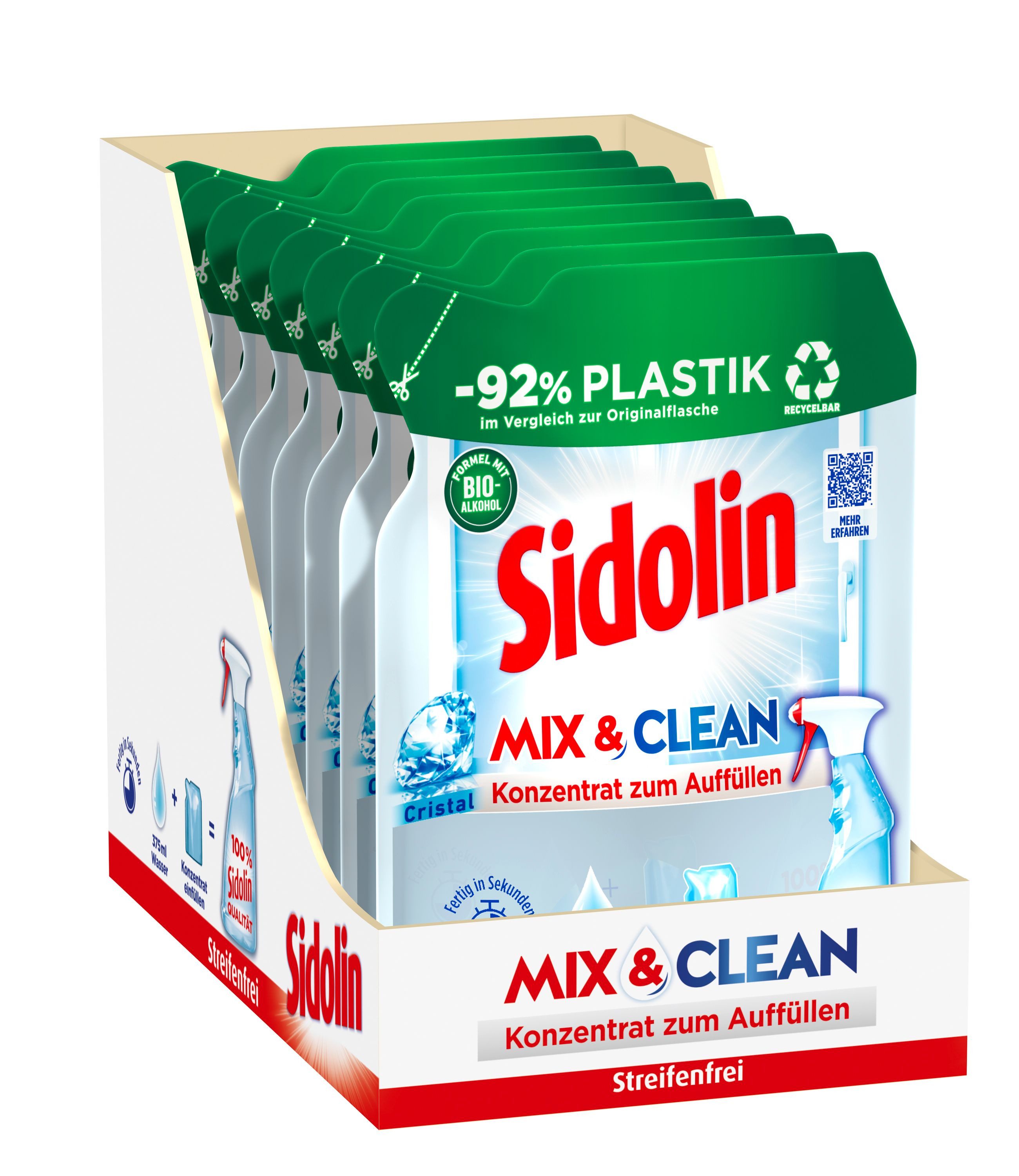SIDOLIN All in 1 Streifenfrei Konzentrat Mix & Clean Cristal 8 x 125ml Glasreiniger (Vorratspack, [8-St. für Sauberkeit, Glanz & Schutz & -92% weniger Plastik)