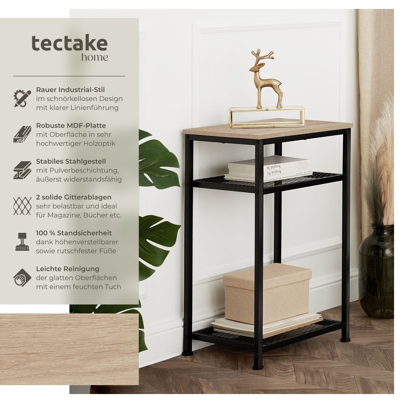 tectake Beistelltisch Ablagetisch, 45,5 x 36 x 75,5 cm, ausgestattet mit 2 Gitterablagen (Sofatisch York, 1-St., 1 tlg), Industrial Style, Holz und Stahl, höhenverstellbare Kunststofffüße