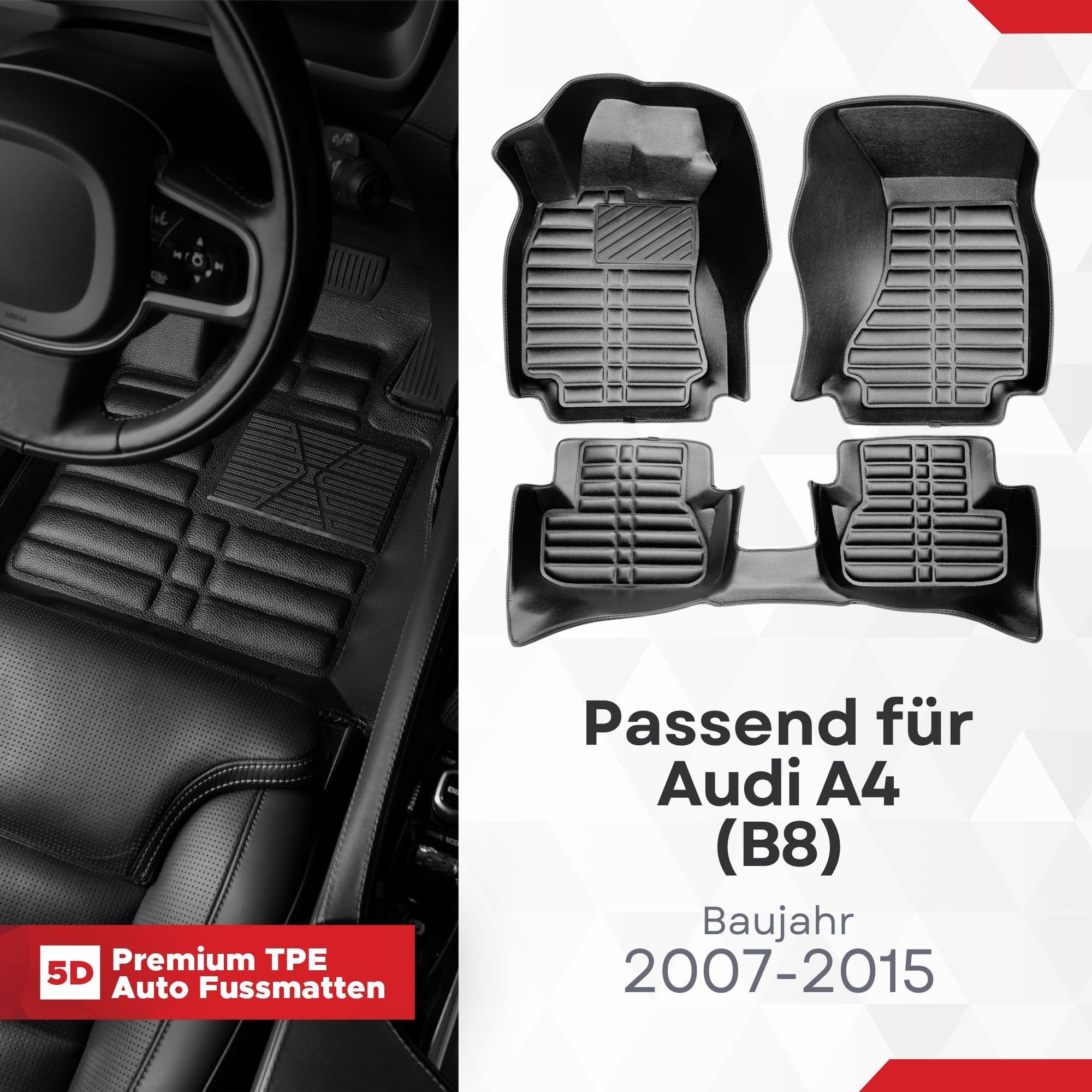fussmattenprofi.com Auto-Fußmatte 5D Premium Auto Fußmatten TPE Set für Audi A4 (B8) ab 2007-2015 (1 St), für Audi Audi A4
