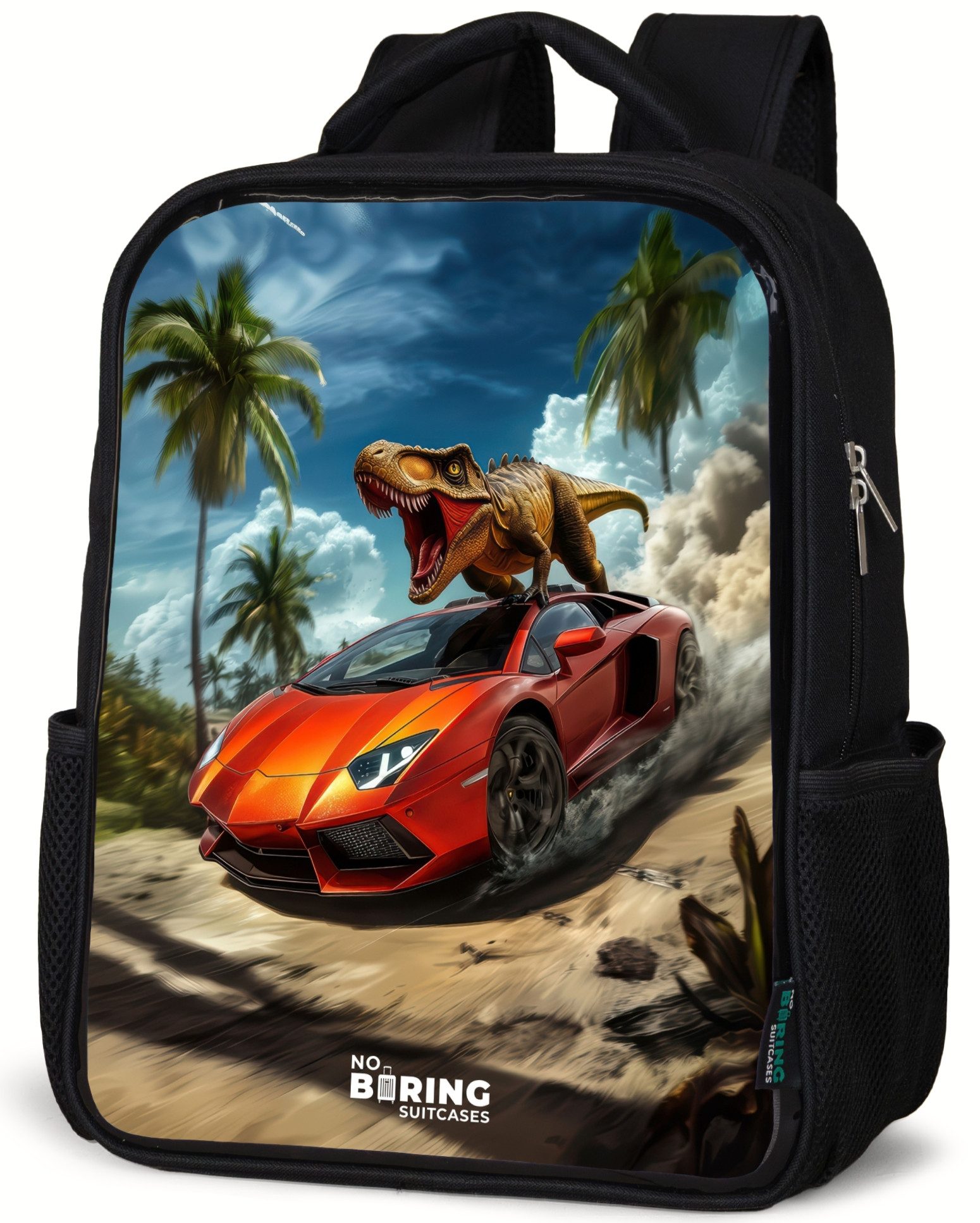 Rucksack Roter Sportwagen mit Dino rast durch tropischen Strand