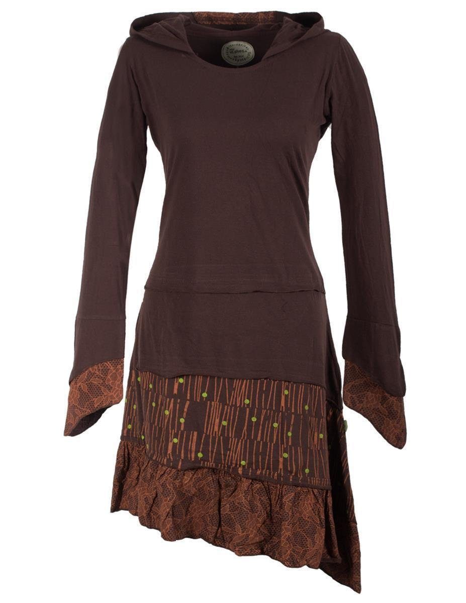 Jerseykleid Lagenlook Patchworkkleid mit Zipfelkapuze, Rüschen