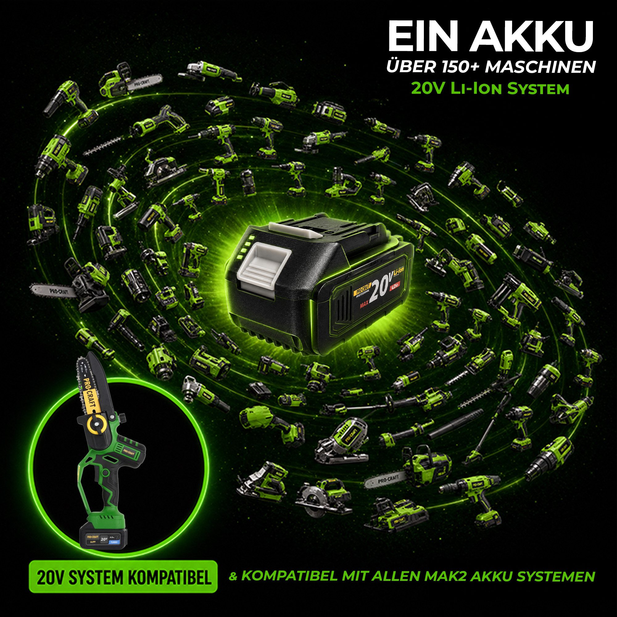 PRO CRAFT Akku-Kettensäge PKA32Li Akku Kettensäge 20 V 203 mm Brushless + 1x Akku 4,0 Ah