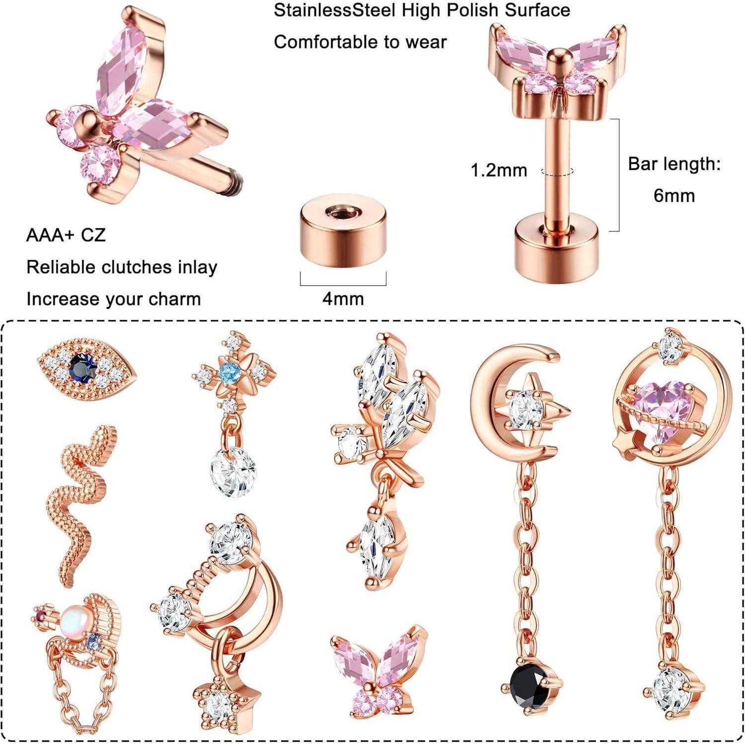 Kakonia Piercing-Set 9 Stück 16G Helix Piercings Damen Chirurgenstahl Schmetterling Tragus
