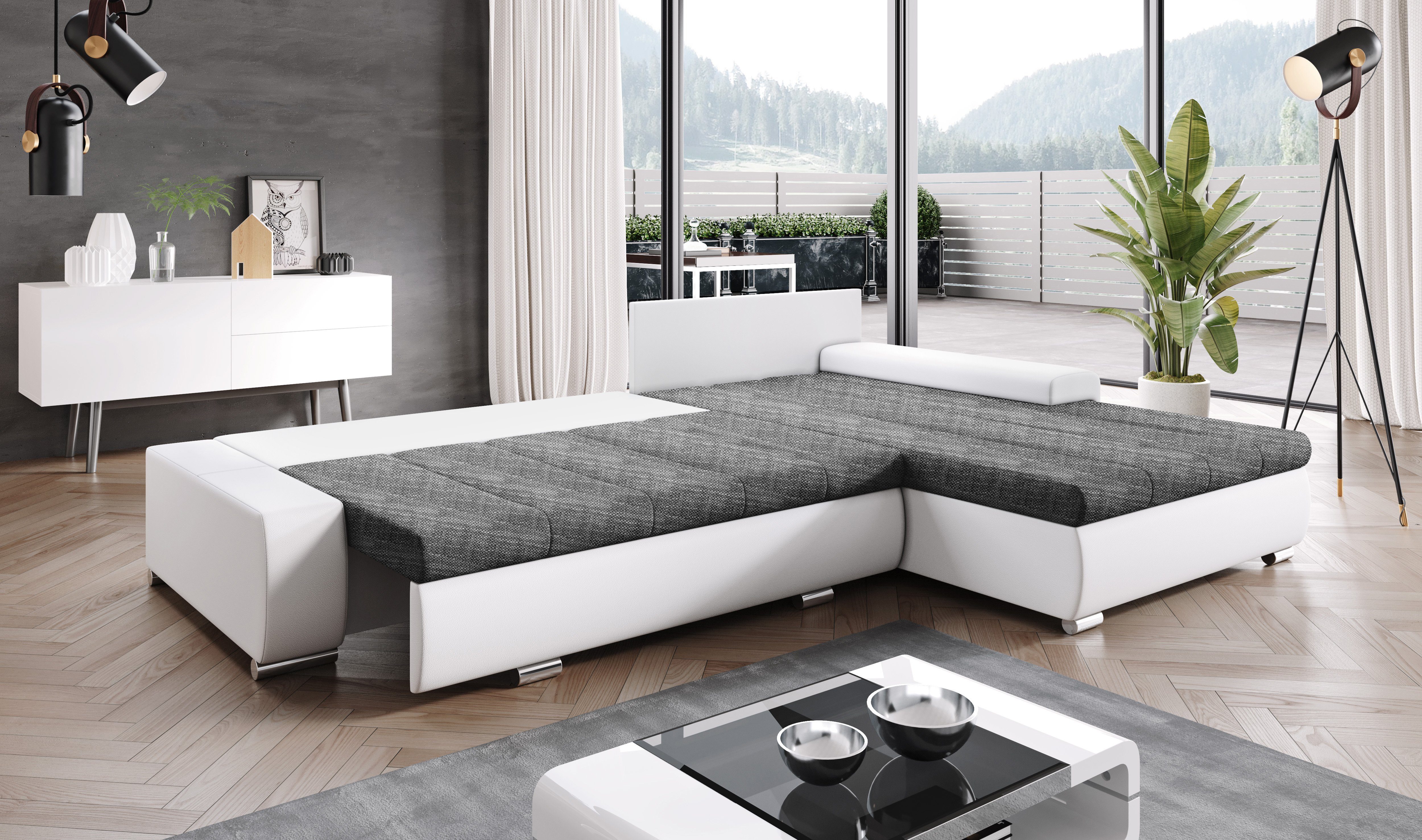 Furnix Ecksofa TOMMASO Sofa Made B297 Stoff/Kunstleder Bettkasten T210 Kissen Braun/Weiß cm, EU mit Couch, in MA120 BE01 H85 x x Schlaffunktion hochwertig