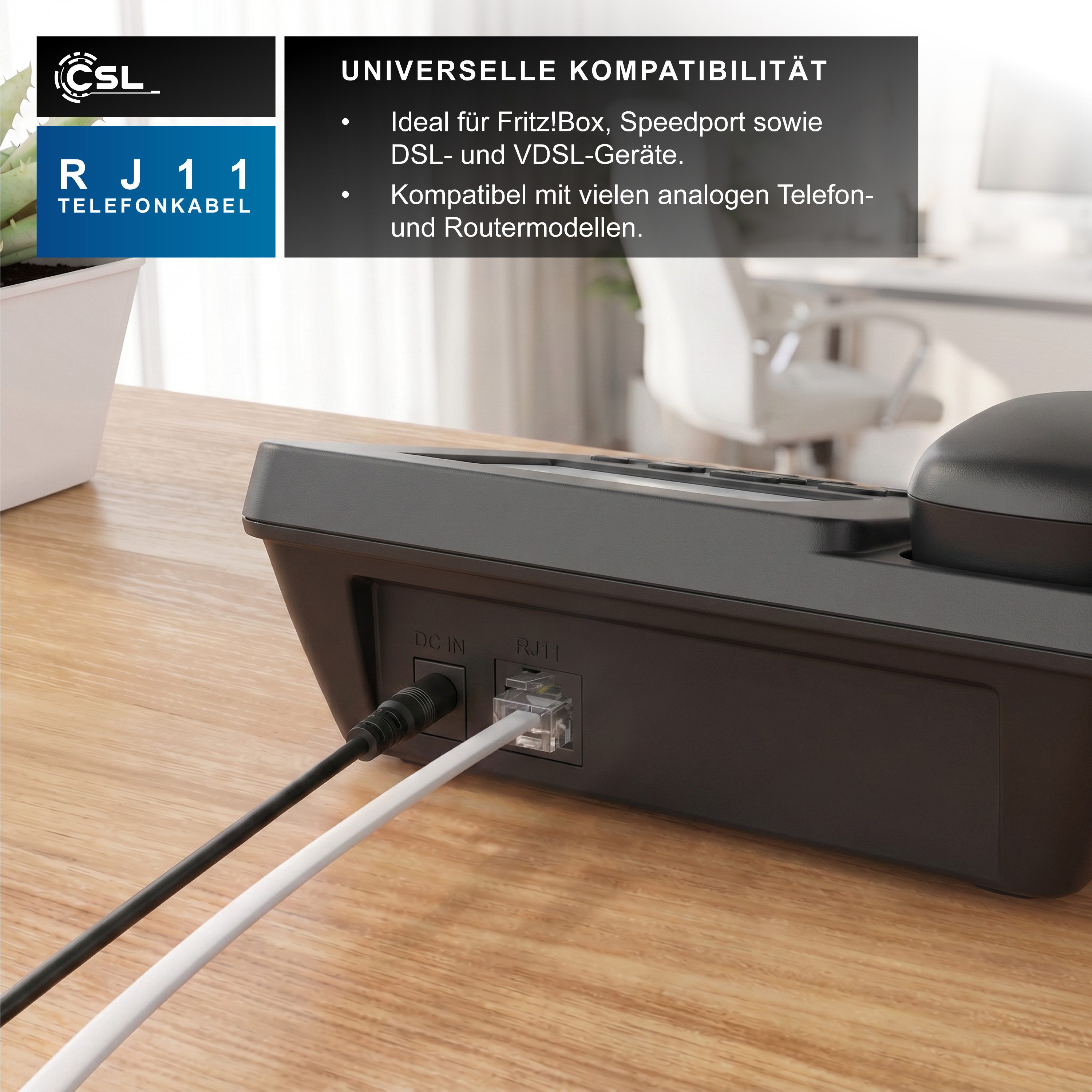 CSL Flachkabel RJ11 zu RJ 11, Router zu Telefon Fax Anrufbeantworter 1 m Telefonkabel, RJ-11, RJ-11 (100 cm), Modularkabel, Telefonanschlusskabel, Modem, DSL, V – Bild 5 von 5
