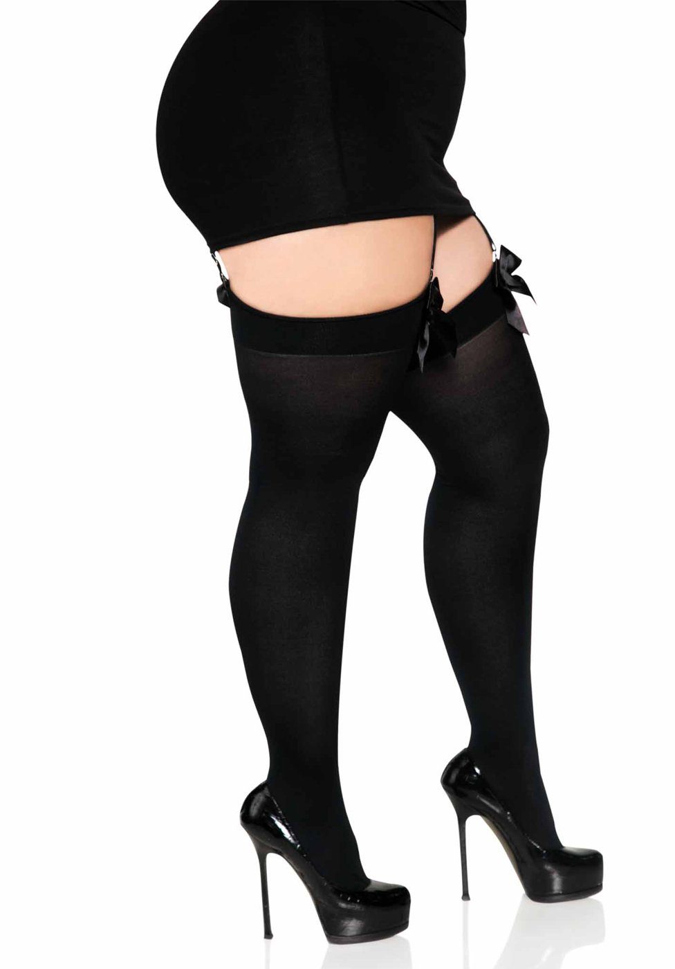 Leg Avenue Strapsstrümpfe Straps-Strümpfe mit Schleifen Plus Size - schwarz (1-Paar) transparent