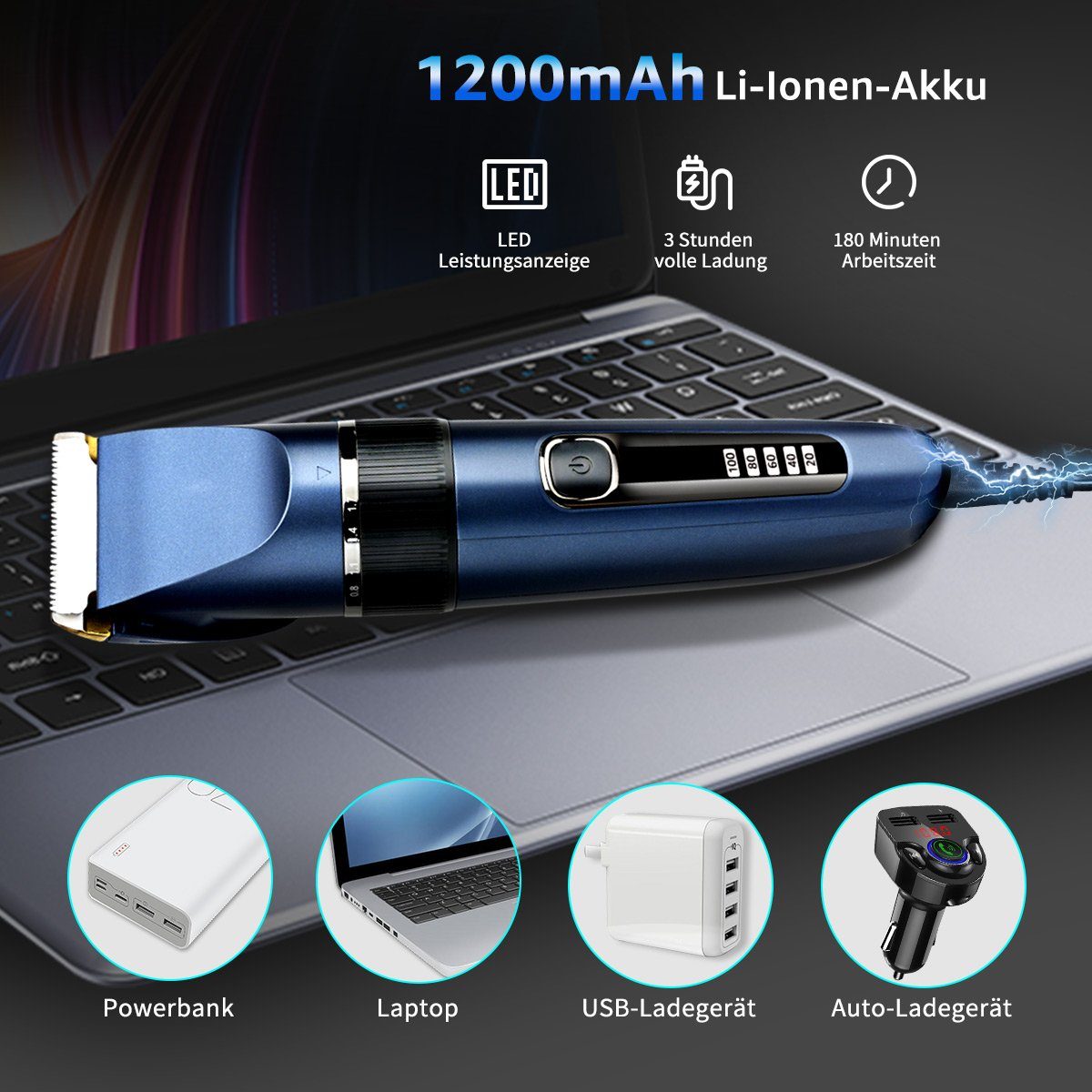 7Magic Haarschneider, Akku Haarschneidemaschine USB Aufladung Anzeige, LED IP54 mit