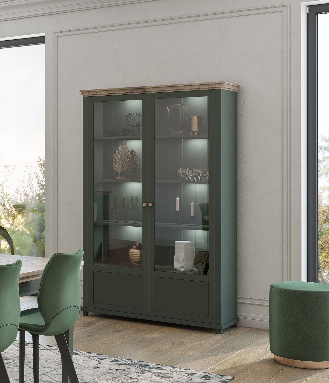 Helvetia Vitrine Elda (mit Türen, mit Einlegeböden, 1-St., moderne Optik, 2-türig mit Glaseinsatz) 126x42x200cm grün / Eiche Lefkas 2-türig