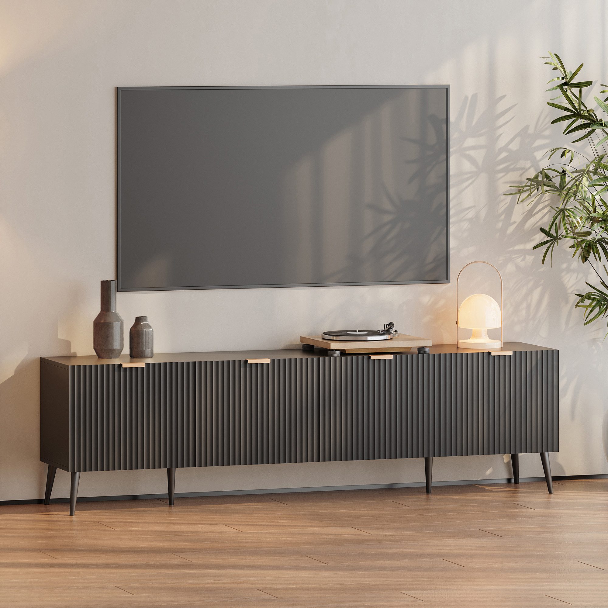 en.casa TV-Schrank »Nand« mit 4 Türen geriffelt 180 x 35 x 51 cm Schwarz
