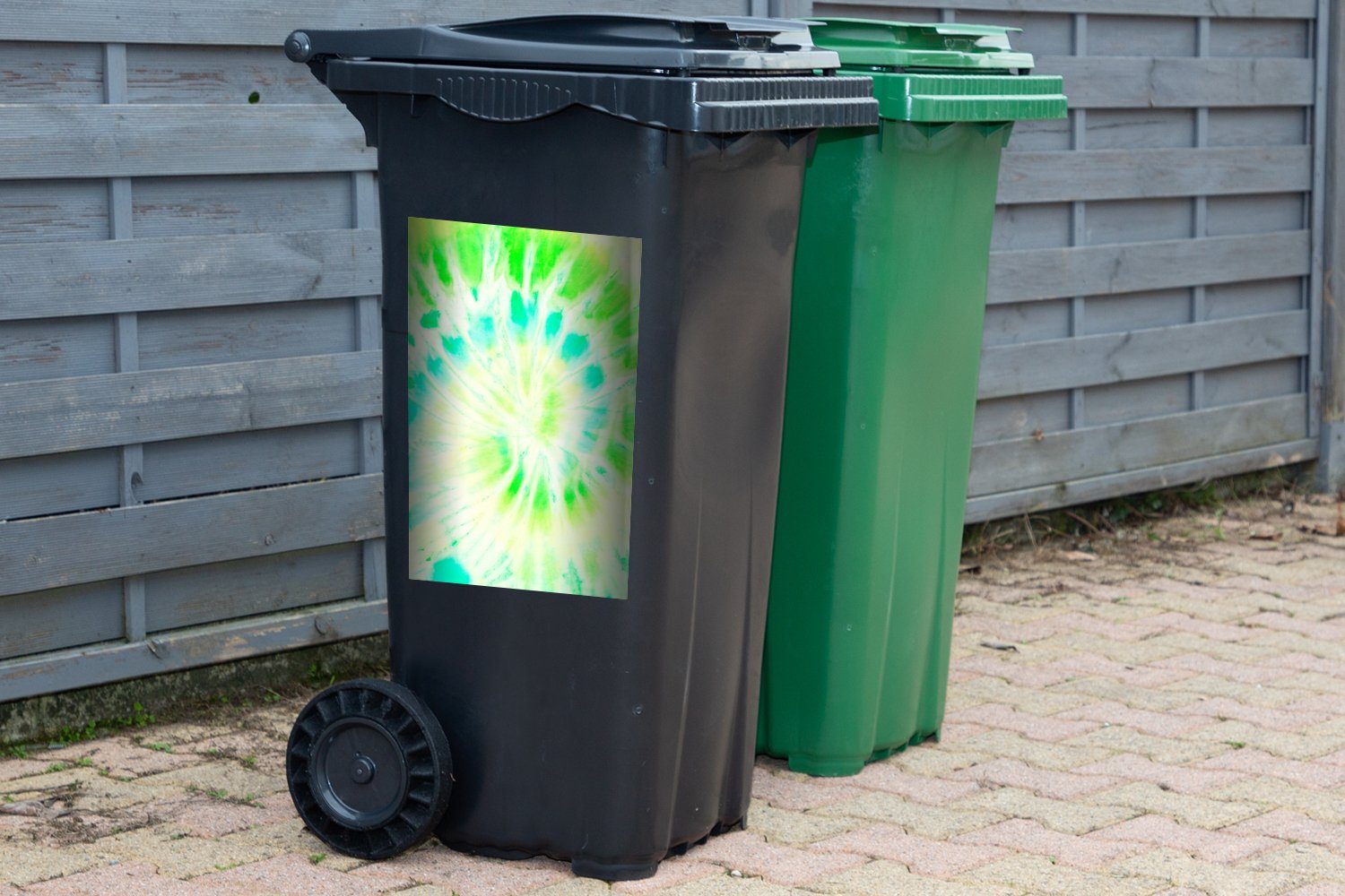 Abfalbehälter Mülleimer-aufkleber, Kunst Mülltonne, Grün (1 Sticker, MuchoWow Krawattenfärbung Container, Wandsticker St), - -