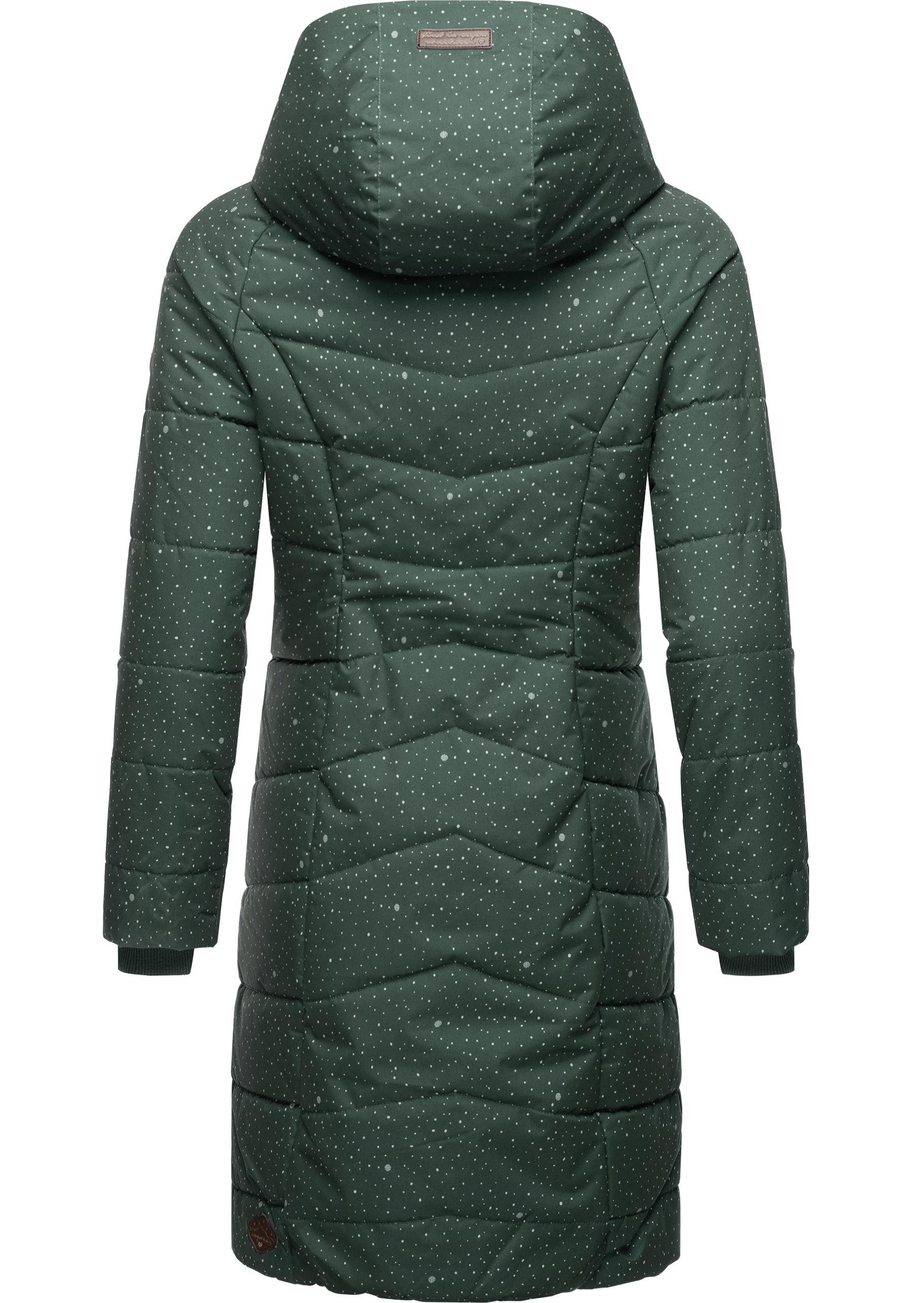 gesteppter Steppmantel dunkelgrün Dizzie Ragwear mit Print Kapuze Winterparka stylischer, Coat