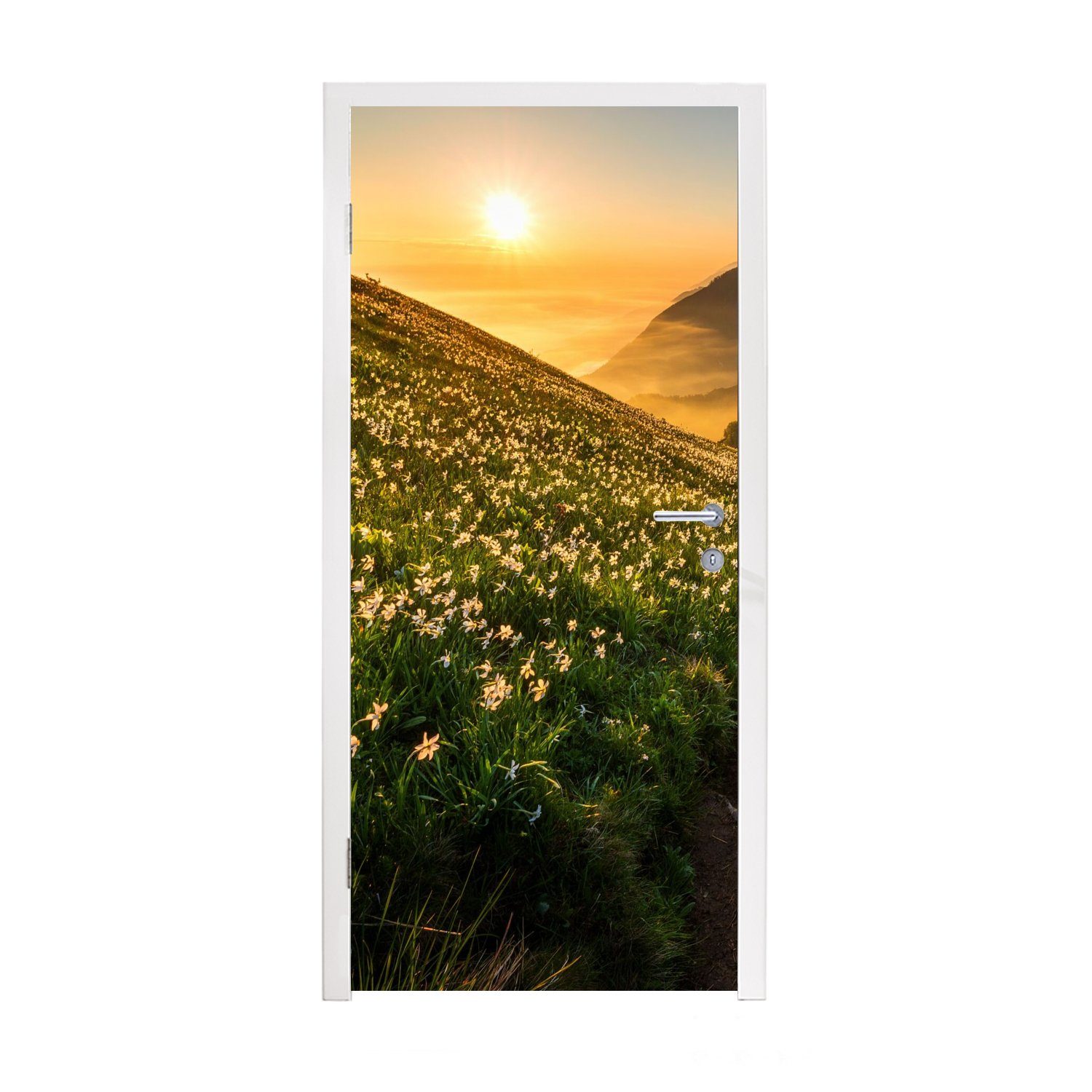 MuchoWow Türtapete Blumen - Sonne - Berge, Matt, bedruckt, (1 St), Fototapete für Tür, Türaufkleber, 75x205 cm | Türtapeten