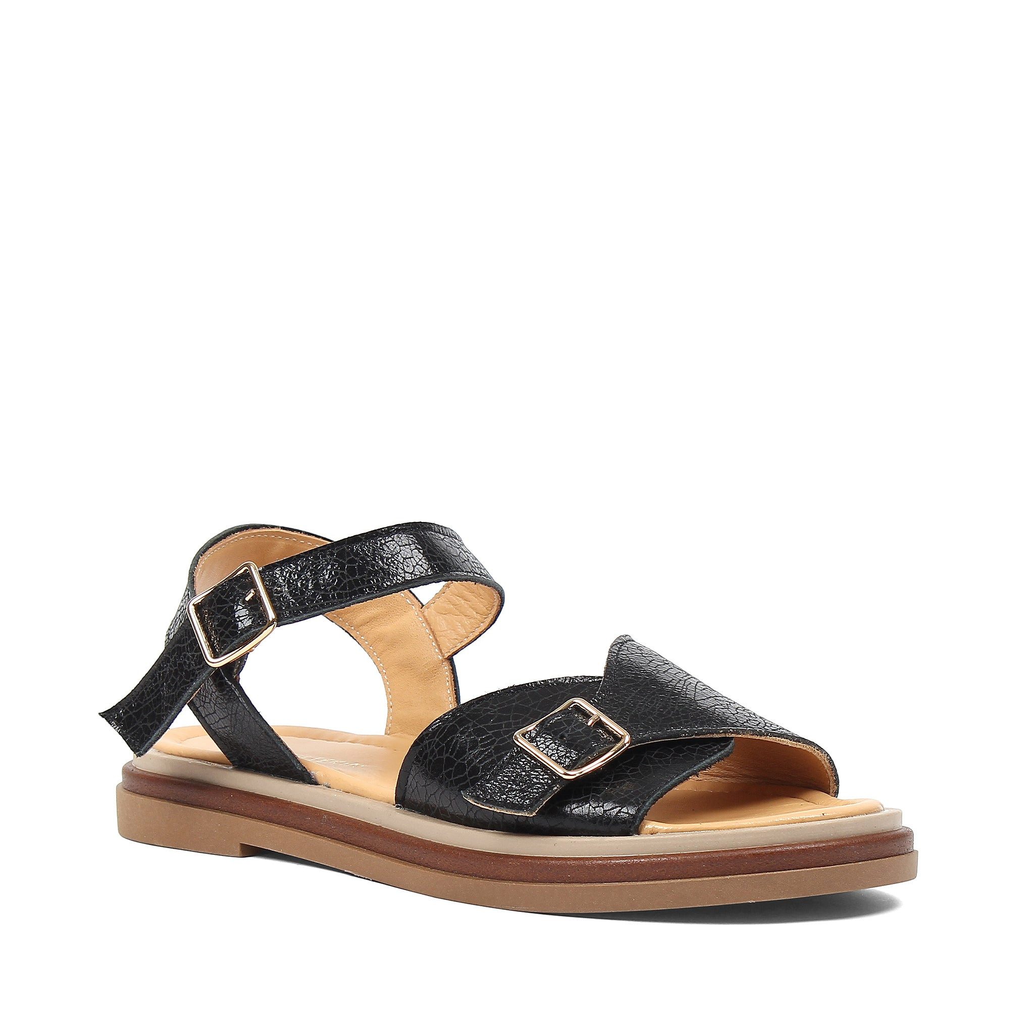 Celal Gültekin Plateau Riemensandale Slingback Goldschnalle Damen Plateausandaletten Glattleder, Echtleder-Futter & Decksohle, Schwarz, 40