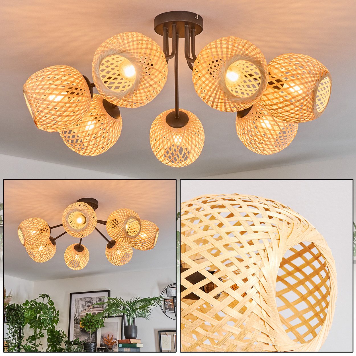 hofstein Deckenleuchte Deckenlampe aus Metall/Bambus in Schwarz/Naturfarben mit Lichteffekt, Deckenleuchte im Boho/Retro/Vintage-Design (Schirme Ø 15 cm), 7 x E14