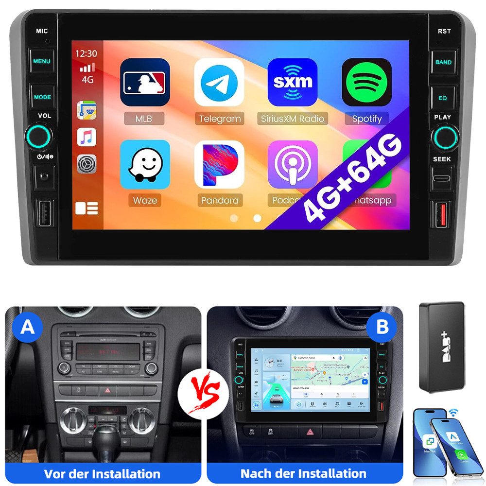 ESSGOO Für Audi A3 S3 RS3 8P 8V 8" Carplay Android 15 Autoradio 4+64G Autoradio (GPS NAVI RDS SWC USB WIFI)