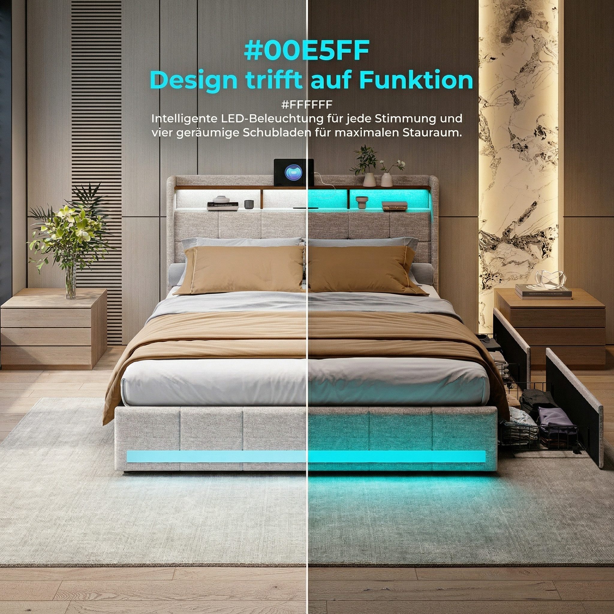 PXloue Polsterbett LED Doppelbett Stauraumbett, mit USB-Laden und Stauraum am Kopfteil,Leinen,180x200 cm – Bild 4 von 5