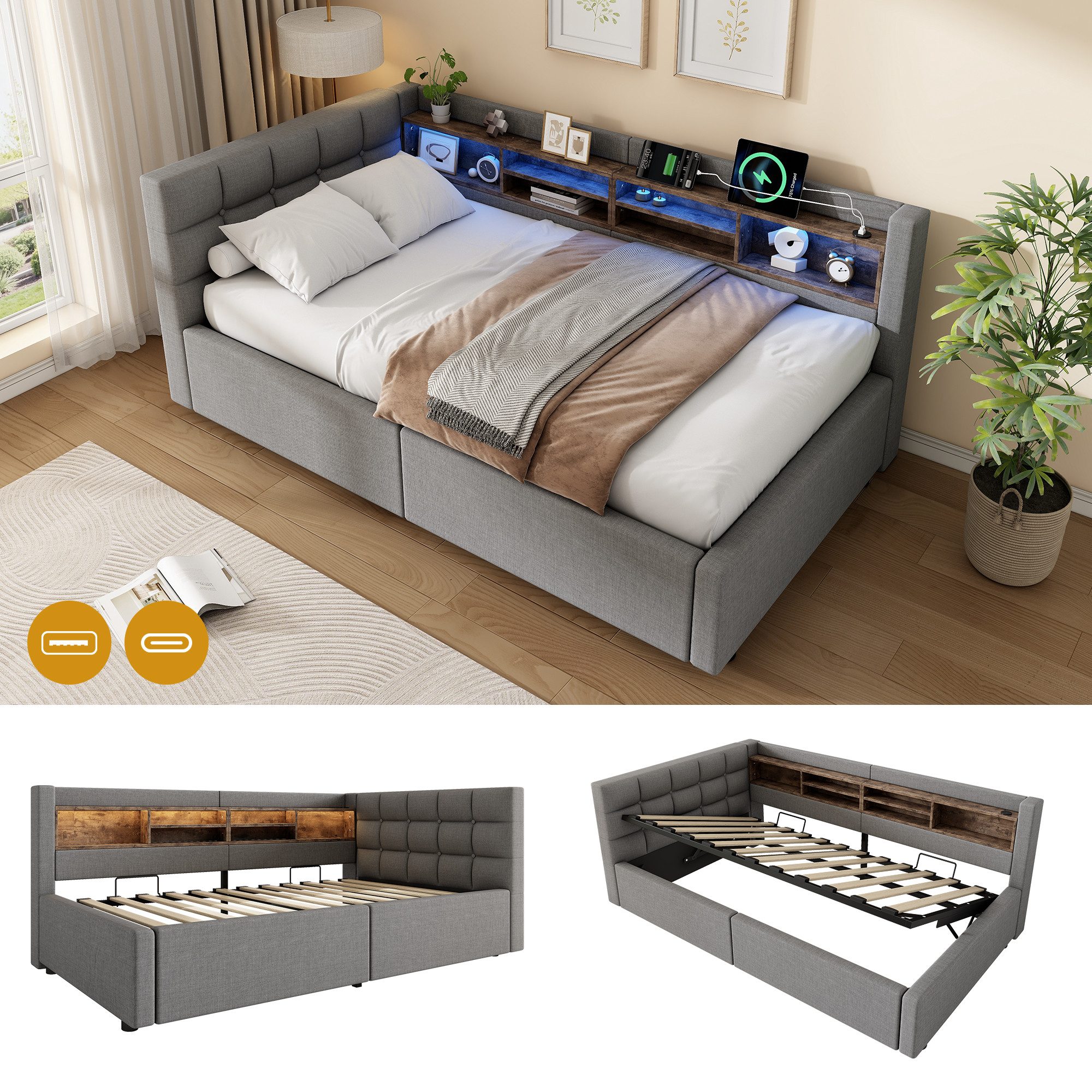 Flieks Daybett, Polsterbett Schlafsofa 90x200cm mit Hydraulik, LED-Leiste, Aufladen