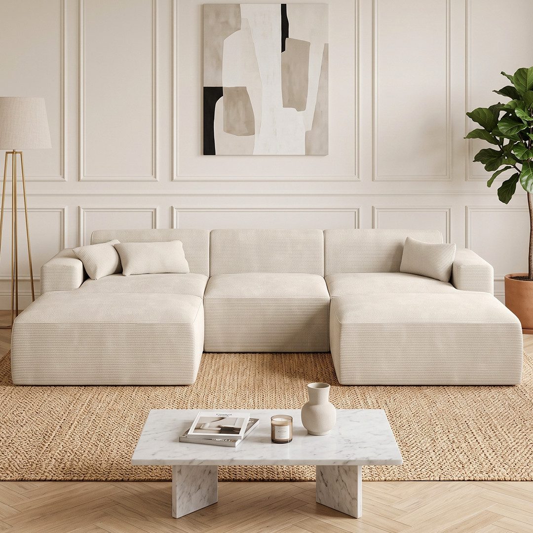 skølm Sofa Freki aus Cord, Vollschaumcouch mit Federkern und Vakuum-Kompression, Beige, Couch 3 Sitzer mit 2 Hocker und 3 Kissen, kein Aufbau erforderlich, 319 cm breit, gepolstert, vakuumiert