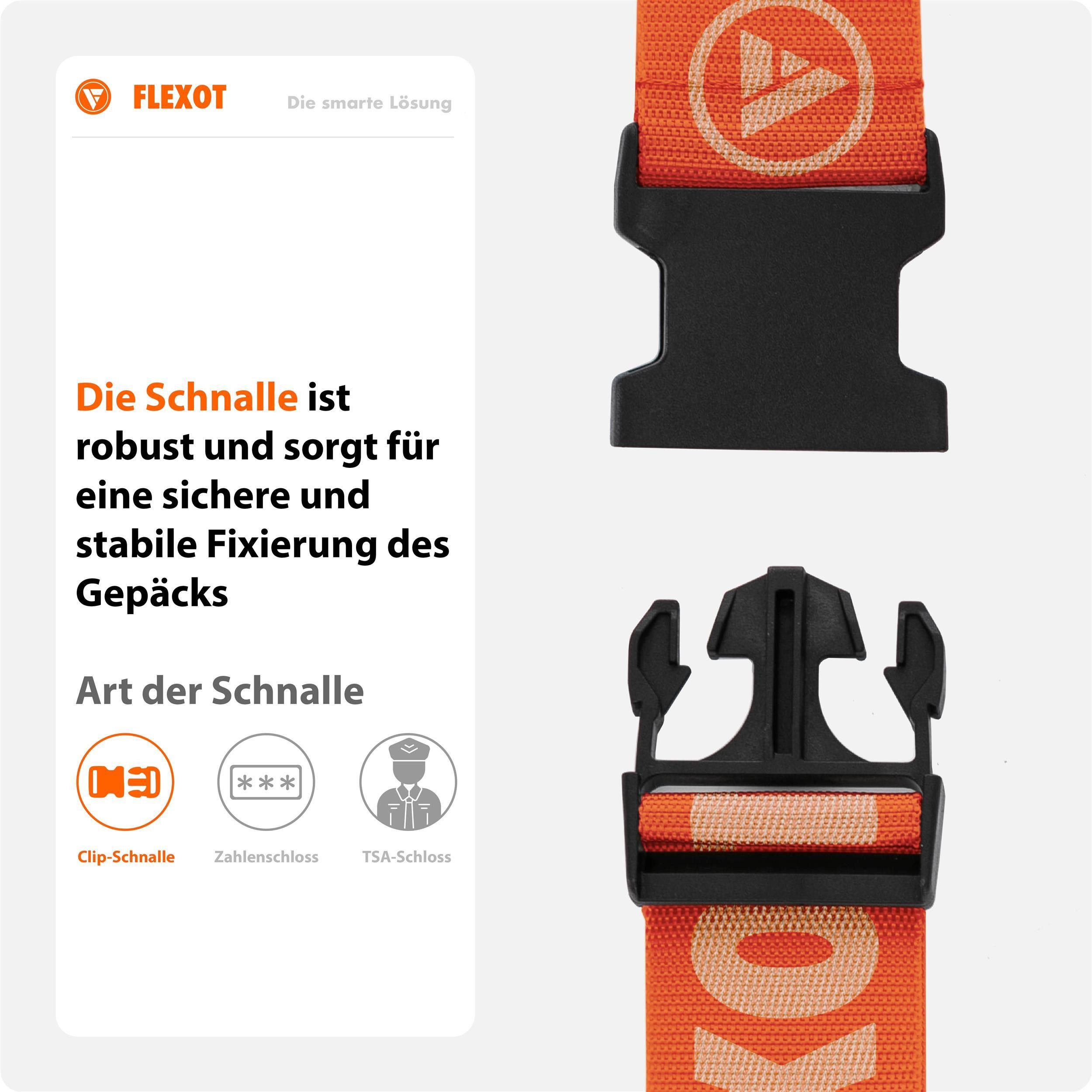 Flexot Koffergurt Koffergurt mit Clip-Schnalle, verstellbare Länge, Namensschild, (1-tlg), Flexibel anpassbarer und stabiler Gurt mit praktischer Schnalle