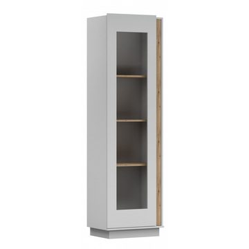 MOEBLO Vitrine REYLA 02 (Grau + eiche artisan, Weiß + Eiche artisan Komodenschrank Highboard, mit drei Einlegeböden, Sideboard Wohnzimmer Kommode) (BxHxT):58x202x42cm