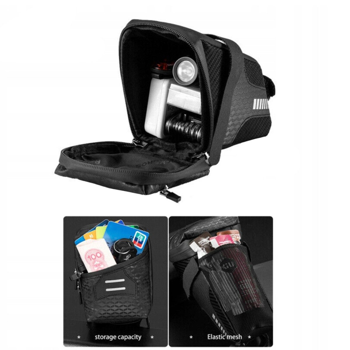 ROCKBROS Satteltasche C29 BK (1x Fahrradtasche), Satteltasche mit 1,5 l Volumen und Reflektoren