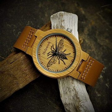 Holzwerk Quarzuhr MY BEE Damen & Herren Holz Uhr mit Leder Armband & Biene Muster, braun