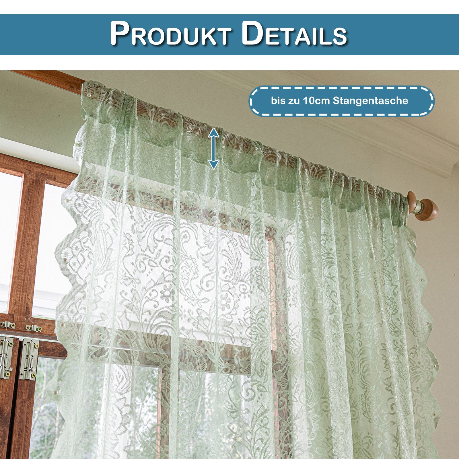 Lapamax Gardine Mintgrüne Spitzengardine im 2er-Set mit extra breitem Stangendurchzug (2 St), Stangendurchzug, transparent, Spitze, Florales Raschelgewebe, luftiger Fall und sanfter Sichtschutz am Tag