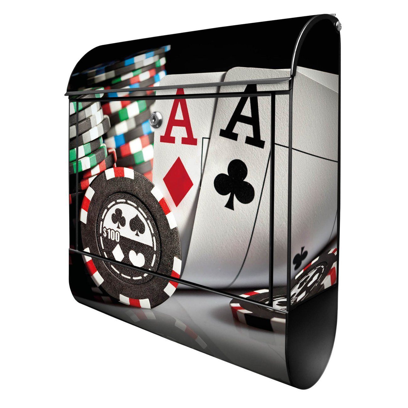 banjado Wandbriefkasten Stahl Poker (Wandbriefkasten witterungsbeständig, pulverbeschichtet, mit Zeitungsfach), 39 x 47 x 14cm schwarz