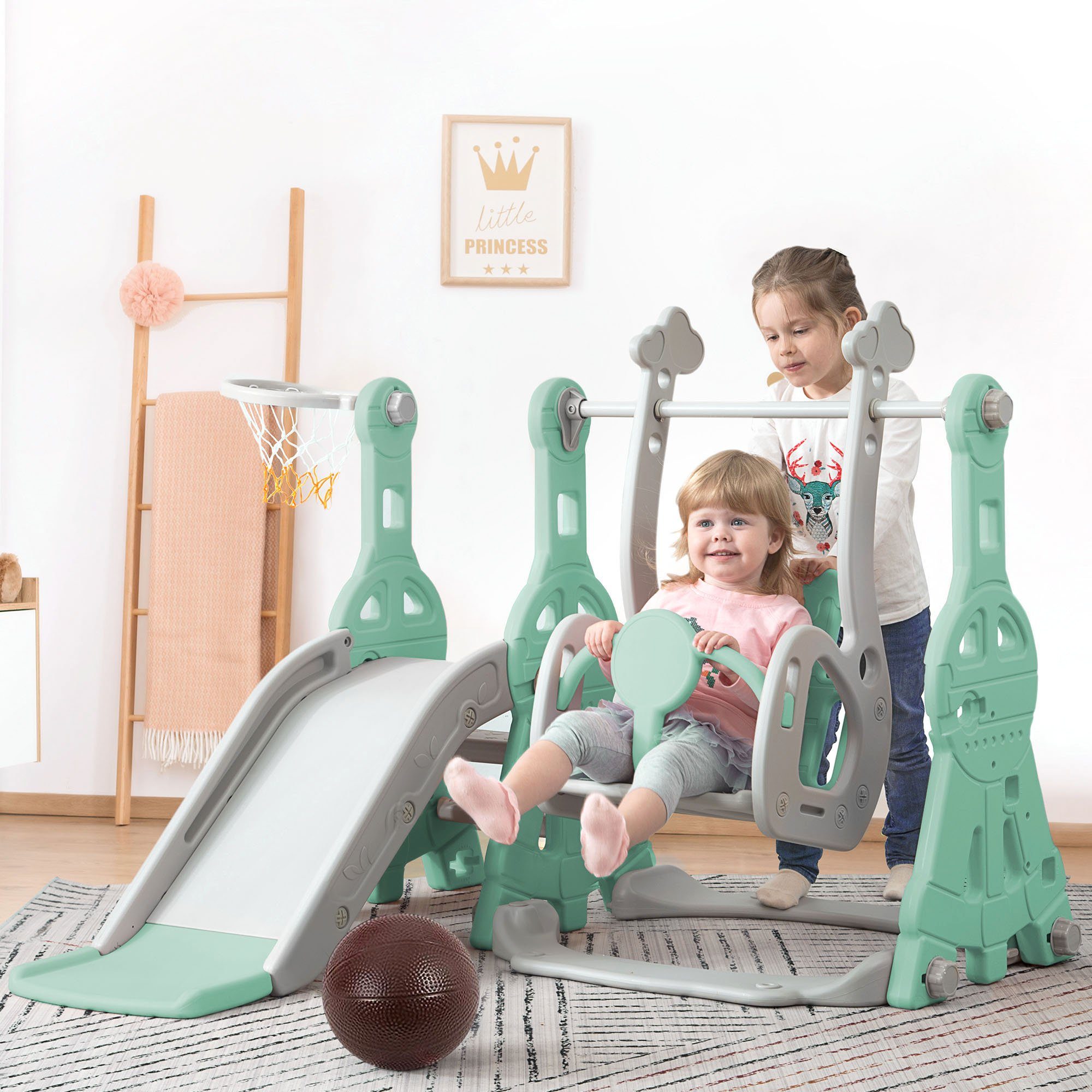 Ulife Indoor-Rutsche 4 in 1 Rutsche Kinderrutsche Fun-Slide Schaukel mit Basketballkorb, für In- und Outdoor Grün