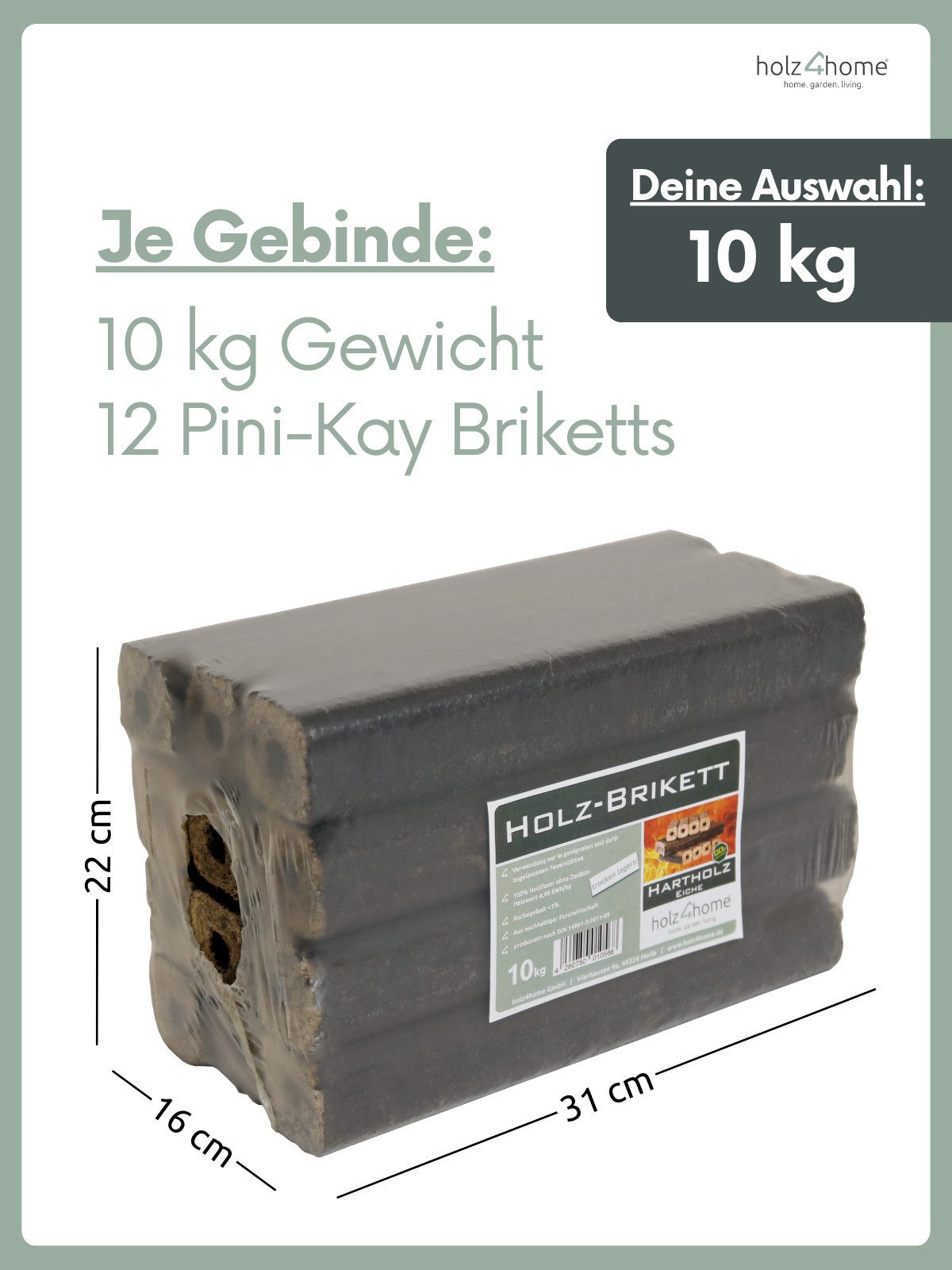 holz4home® Holzbriketts Pini Kay Eichenbriketts I 100% ohne Zusätze I Briketts Kamin Brennholz, 10 kg, Mit Zugloch gepresst
