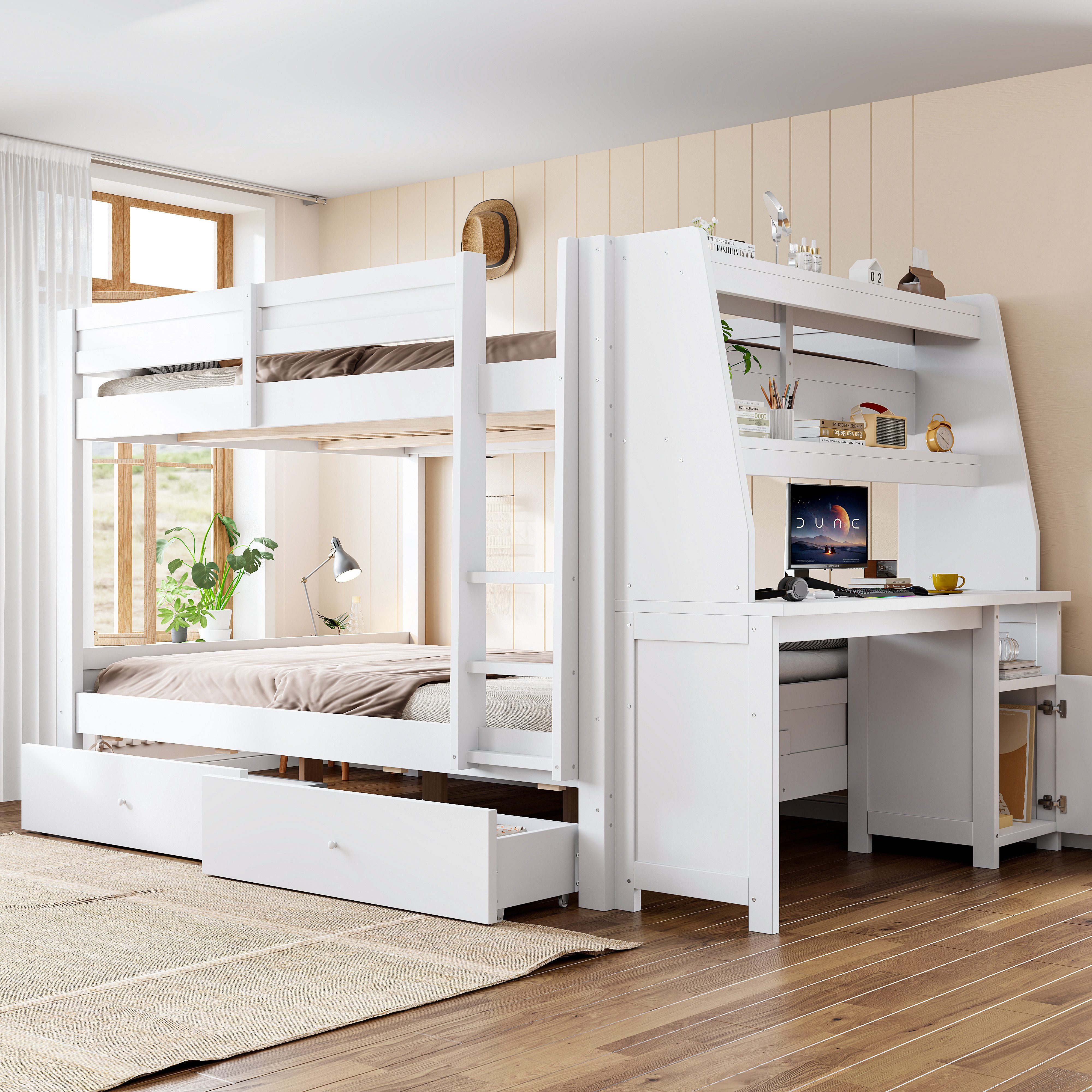 Flieks Etagenbett, Holzbett 140x200cm mit Schubladen und seitlichem Schreibtisch