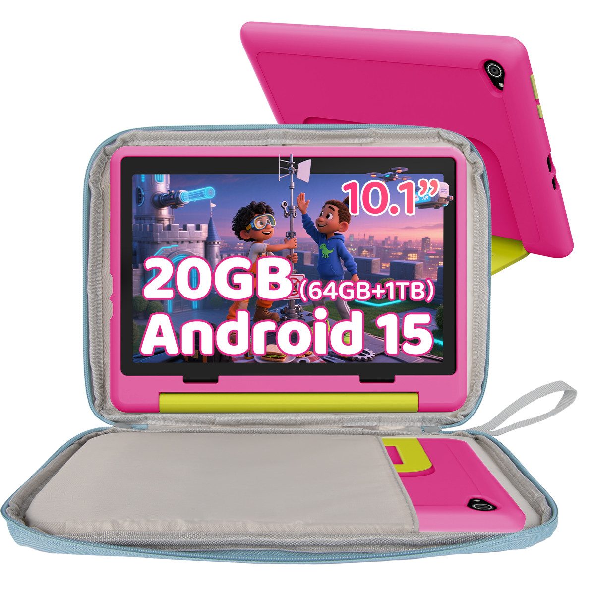 BUFO 10 Zoll 20(3+17)GB RAM+64GB ROM 1280x800 HD-Display Android15 Kinder Tablet (10,1", 64 GB, Android 15, WIFI, Anti-Blaulicht, Vorinstallierte Kinder Lernsoftware, Robustes Design)