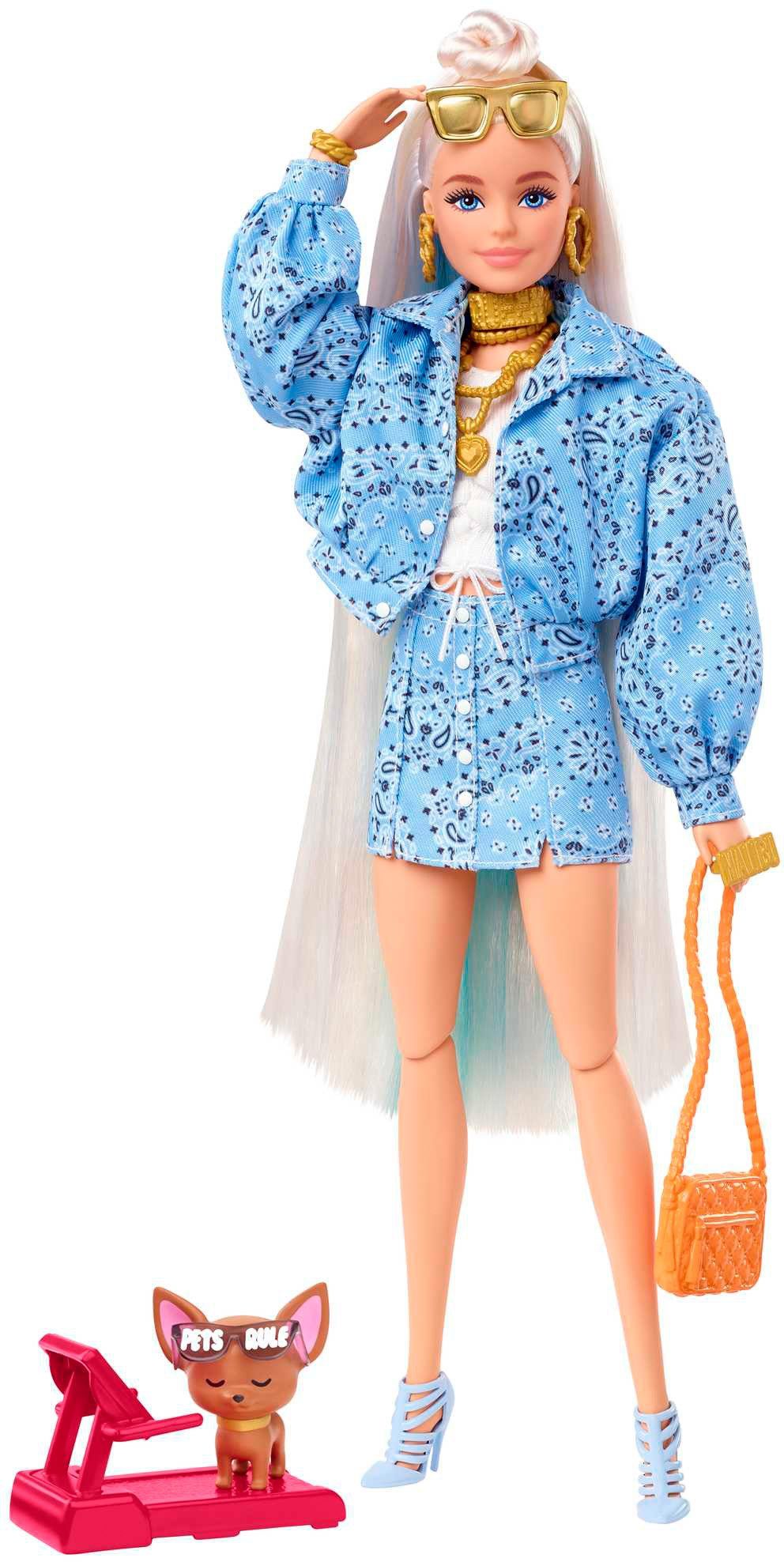 Barbie Anziehpuppe Extra, (blond) mit hellblauem Rock & Jacke, Hund & Zubehör