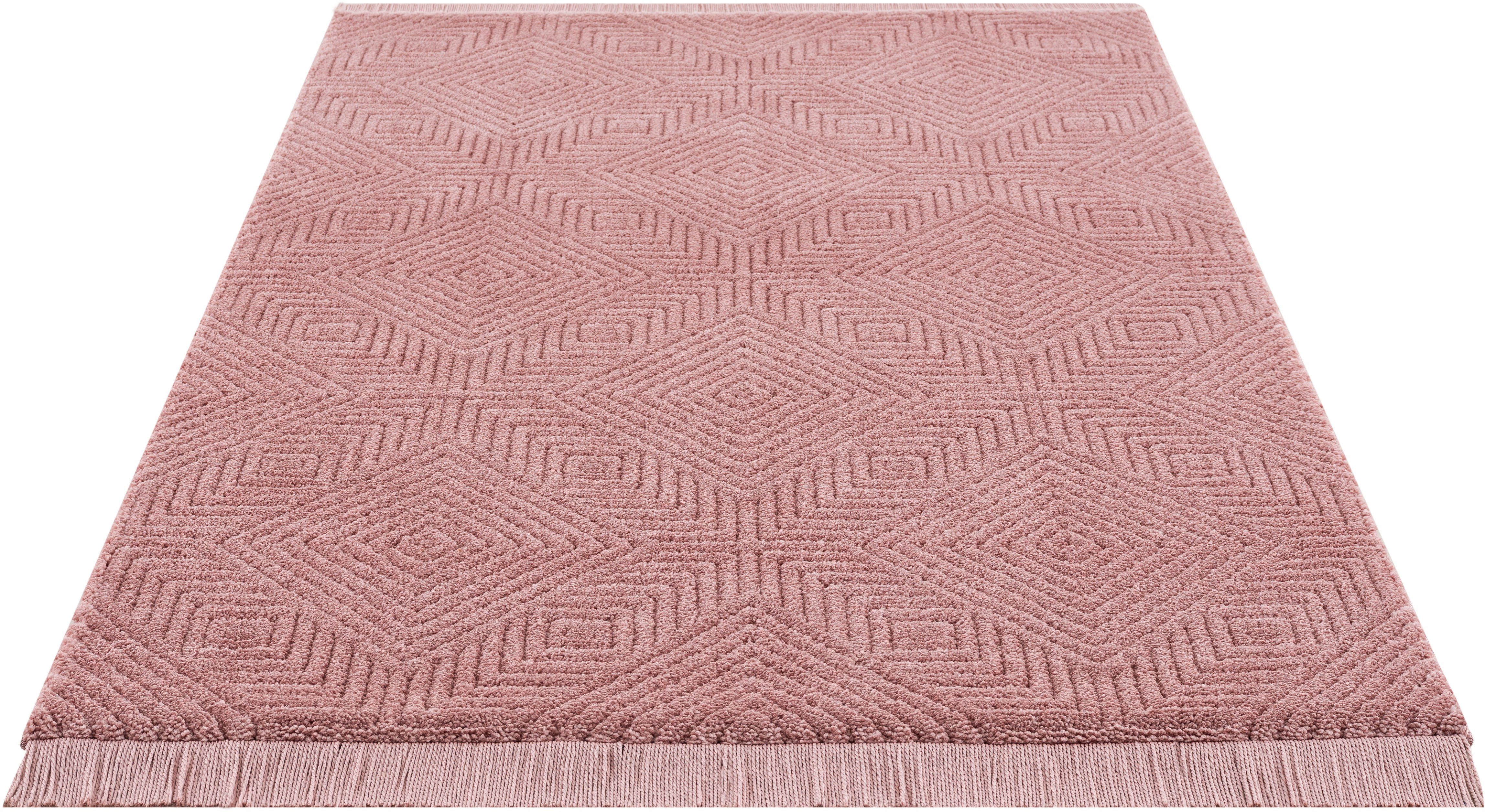 Teppich Duchesse, Leonique, rechteckig, Höhe: 22 mm, grafisches Design, Boho, Wende-Teppich im 3D-Effekt, mit Fransen pink