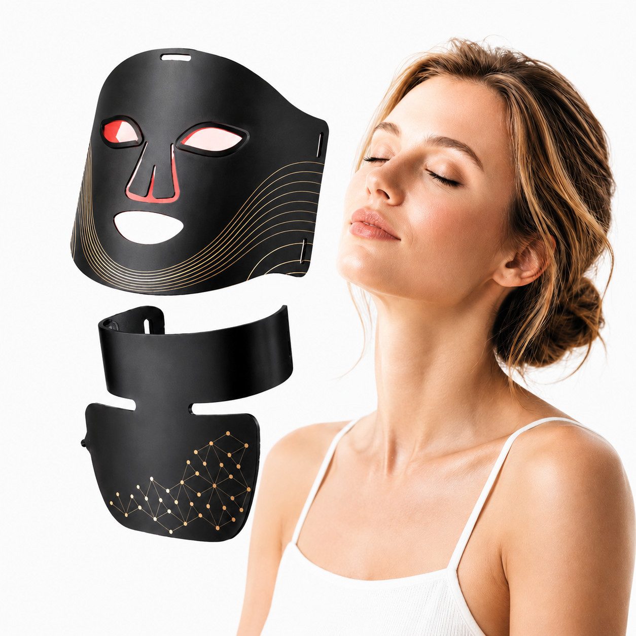 Fyrove Gesichtsmasken-Set LED Gesichtsmaske mit Halsmaske, Rotlichtmaske und Lichtmaske für Gesicht & Hals, Lichtmodi, 312 LED-Chips, Timer, 2000-mAh-Controller