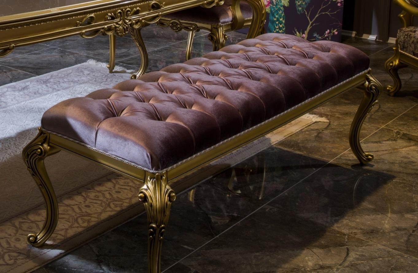 JVmoebel Bettbank Chesterfield Hocker in Lila mit goldenen Füßen aus hochwertigem Textil (1-St., Hocker), Made in Europa
