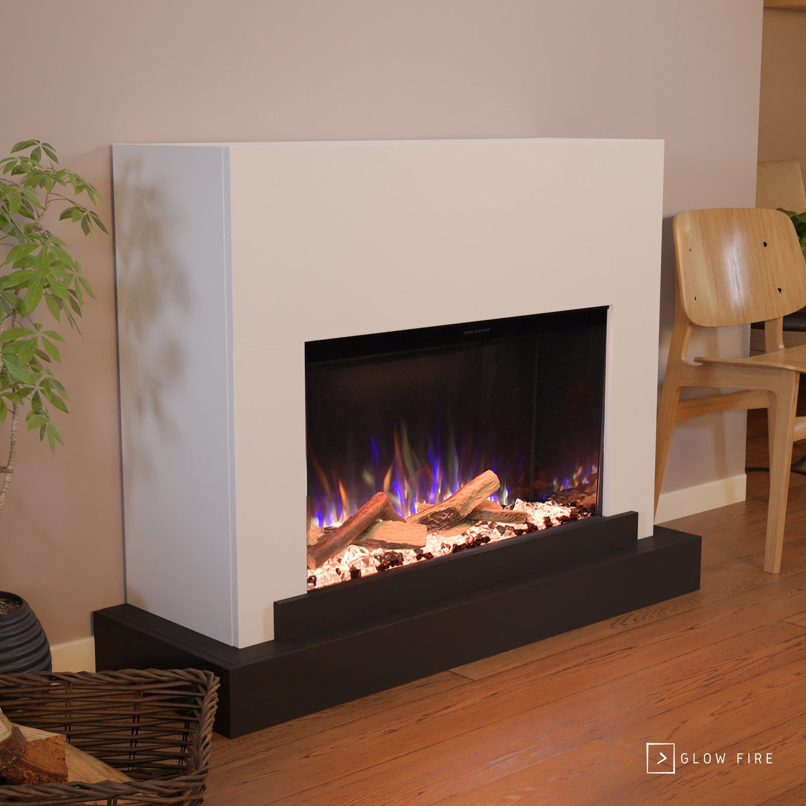GLOW FIRE Elektrokamin PR4 E-Motion 3D, Elektrischer Kamin mit 3D Feuer mit Heizung, täuschend echte Flamme mit Heizung, 3 Dekorationen