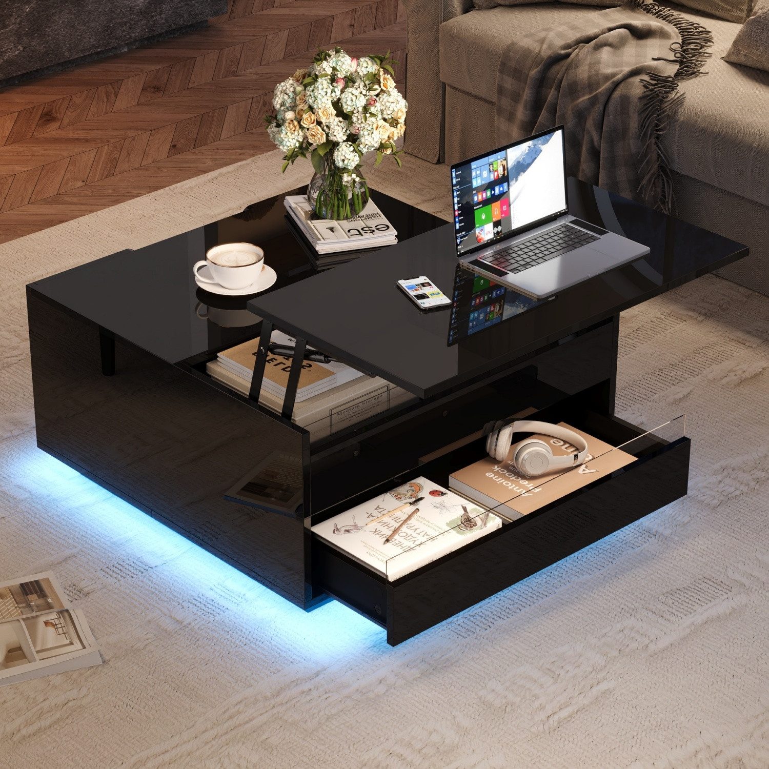 ANYSUN Couchtisch Beistelltisch mit höhenverstellbar,Verstecktem Stauraum & Schublade (1-St., Wohnzimmertisch mit App-Steuerung für Lounge,70×70×38 cm,Schwarz), Hochglanz Sofatisch mit LED-Beleuchtung,Liftfunktion,Acrylfront