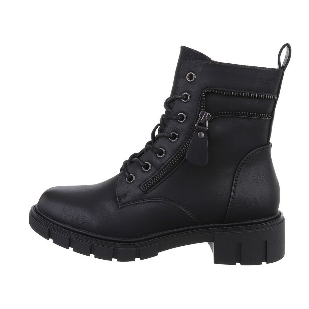 Ital-Design Damen Schnürschuhe Schwarz Blockabsatz in Schnürstiefeletten Schnürstiefelette Freizeit