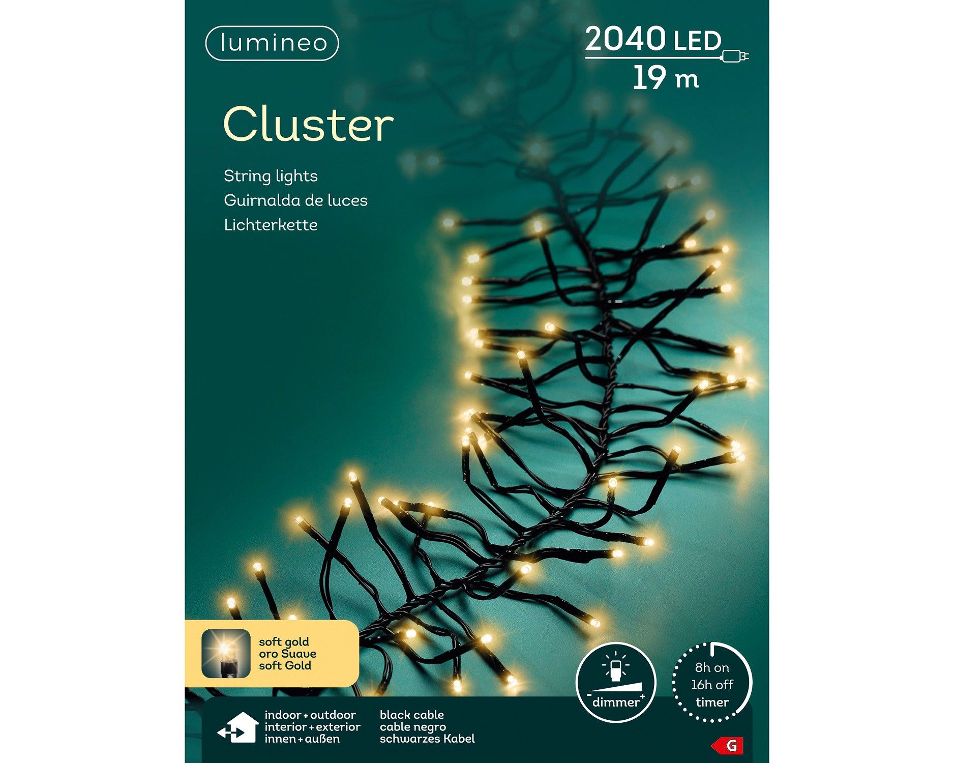Lumineo LED-Lichterkette Lumineo Lichterkette CLUSTER 2040 LED 19 m Soft Gold, schwarzes Kabel, Indoor/Outdoor, dimmbar, 8h-Timer, + 5 m Zuleitung